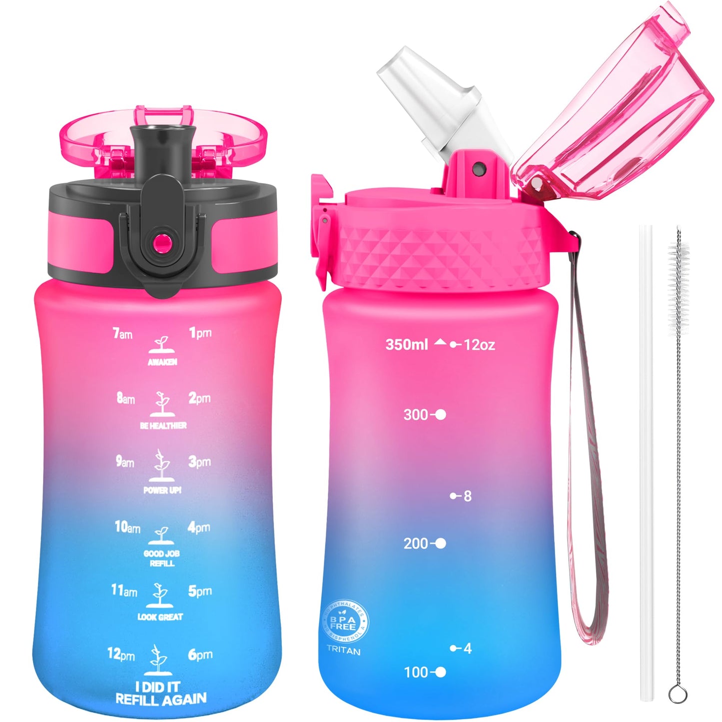 OLDLEY Kids Water Bottle for School, 12 oz (2 lids) BPA-Free Reusable Leak-proof Durable Tritan Plastic Bottles with Straw & Chug Lids, Anti-dust Spout Cover (Pink Blue)