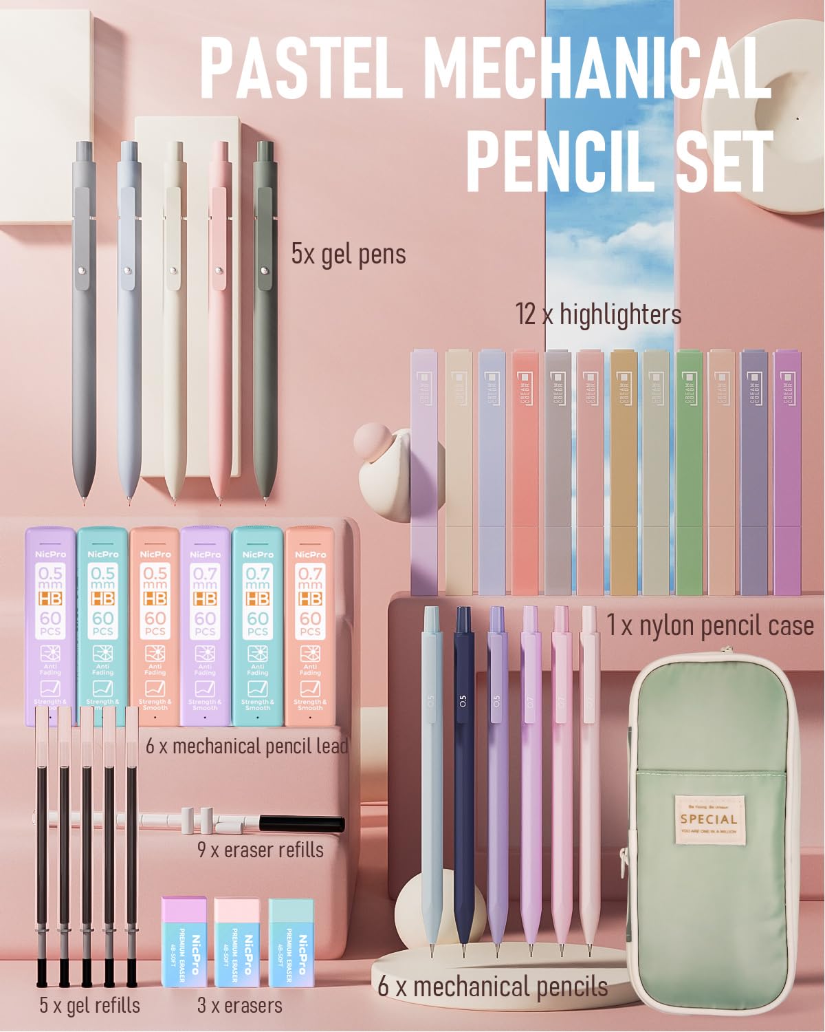Nicpro 39 PCS Aesthetic School Supplies with Big Capacity Pen Case, 12 Color Pastel Highlighters, 5 Quick Dry Retractable Black Ink Pens, 6 Pastel Mechanical Pencil 0.5 & 0.7 mm for Student Stationary