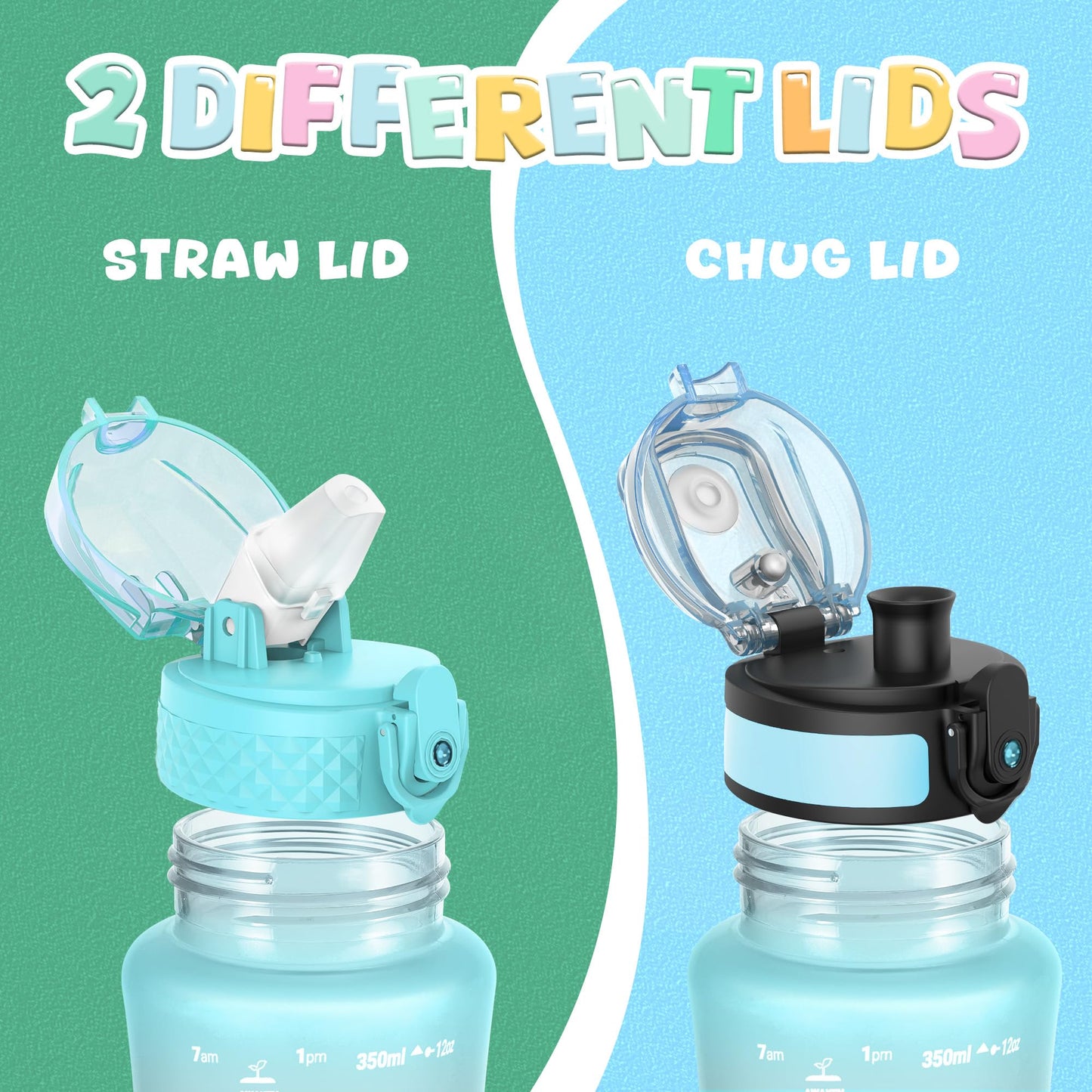 OLDLEY Kids Water Bottle for School, 12 oz (2 lids) BPA-Free Reusable Leak-proof Durable Tritan Plastic Bottles with Straw & Chug Lids, Anti-dust Spout Cover (Pink Blue)