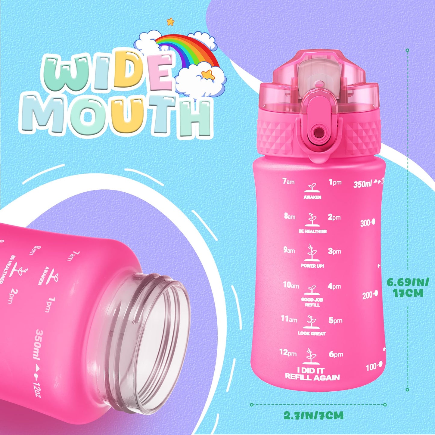 OLDLEY Kids Water Bottle for School, 12 oz (2 lids) BPA-Free Reusable Leak-proof Durable Tritan Plastic Bottles with Straw & Chug Lids, Anti-dust Spout Cover (Pink Blue)