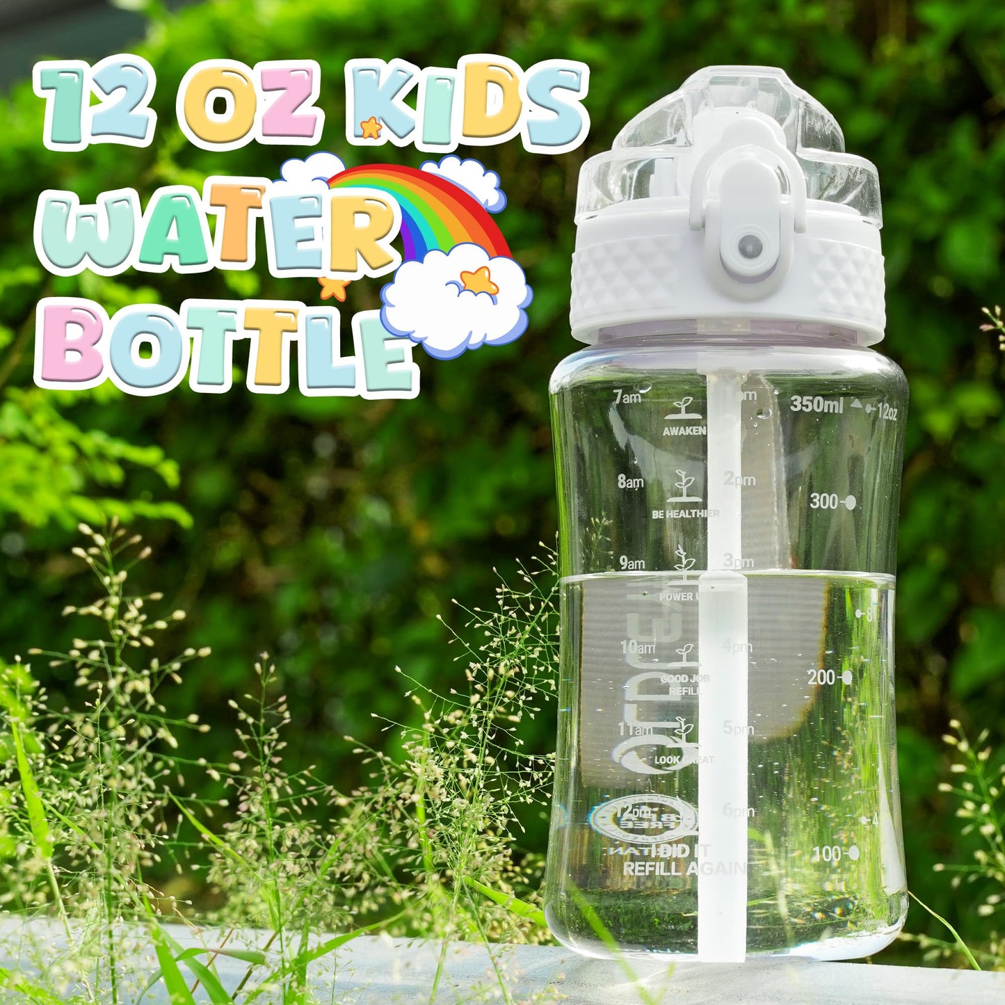 OLDLEY Kids Water Bottle for School, 12 oz (2 lids) BPA-Free Reusable Leak-proof Durable Tritan Plastic Bottles with Straw & Chug Lids, Anti-dust Spout Cover (Pink Blue)
