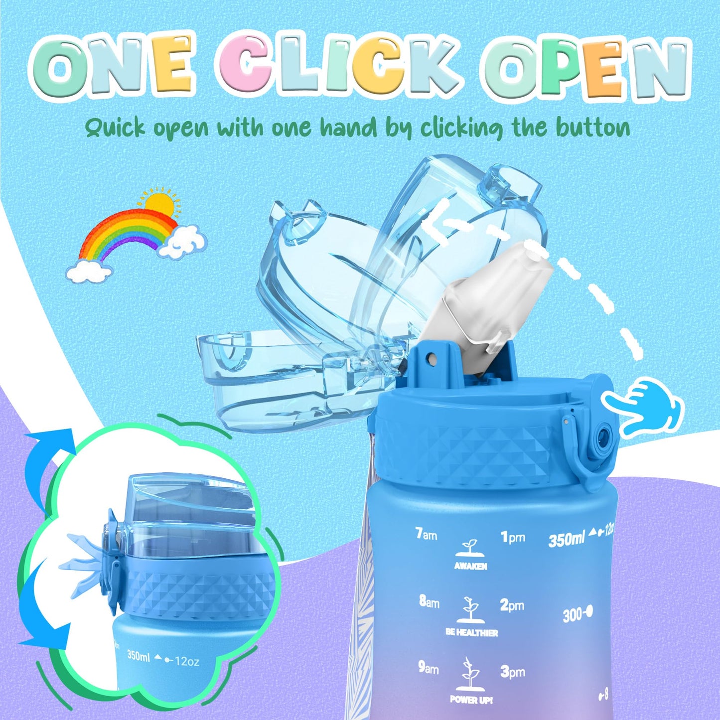 OLDLEY Kids Water Bottle for School, 12 oz (2 lids) BPA-Free Reusable Leak-proof Durable Tritan Plastic Bottles with Straw & Chug Lids, Anti-dust Spout Cover (Pink Blue)