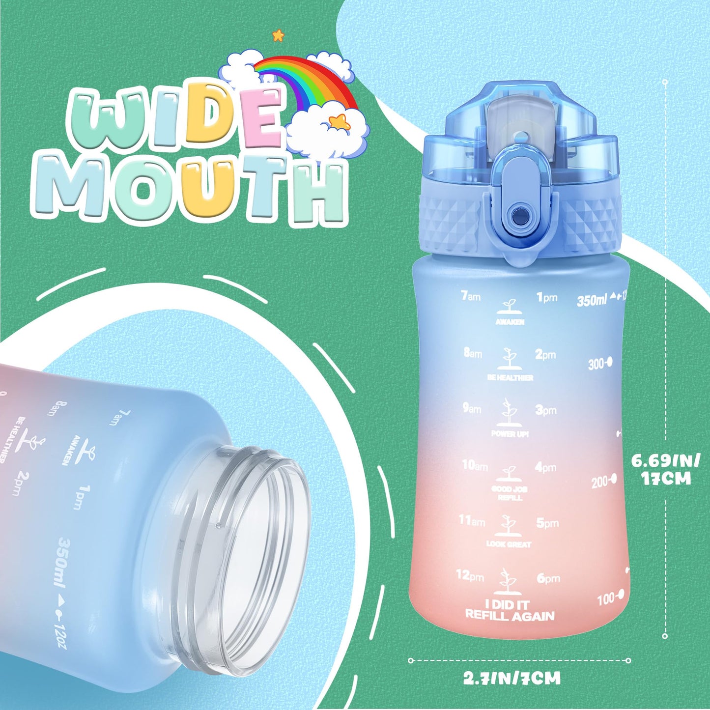 OLDLEY Kids Water Bottle for School, 12 oz (2 lids) BPA-Free Reusable Leak-proof Durable Tritan Plastic Bottles with Straw & Chug Lids, Anti-dust Spout Cover (Pink Blue)