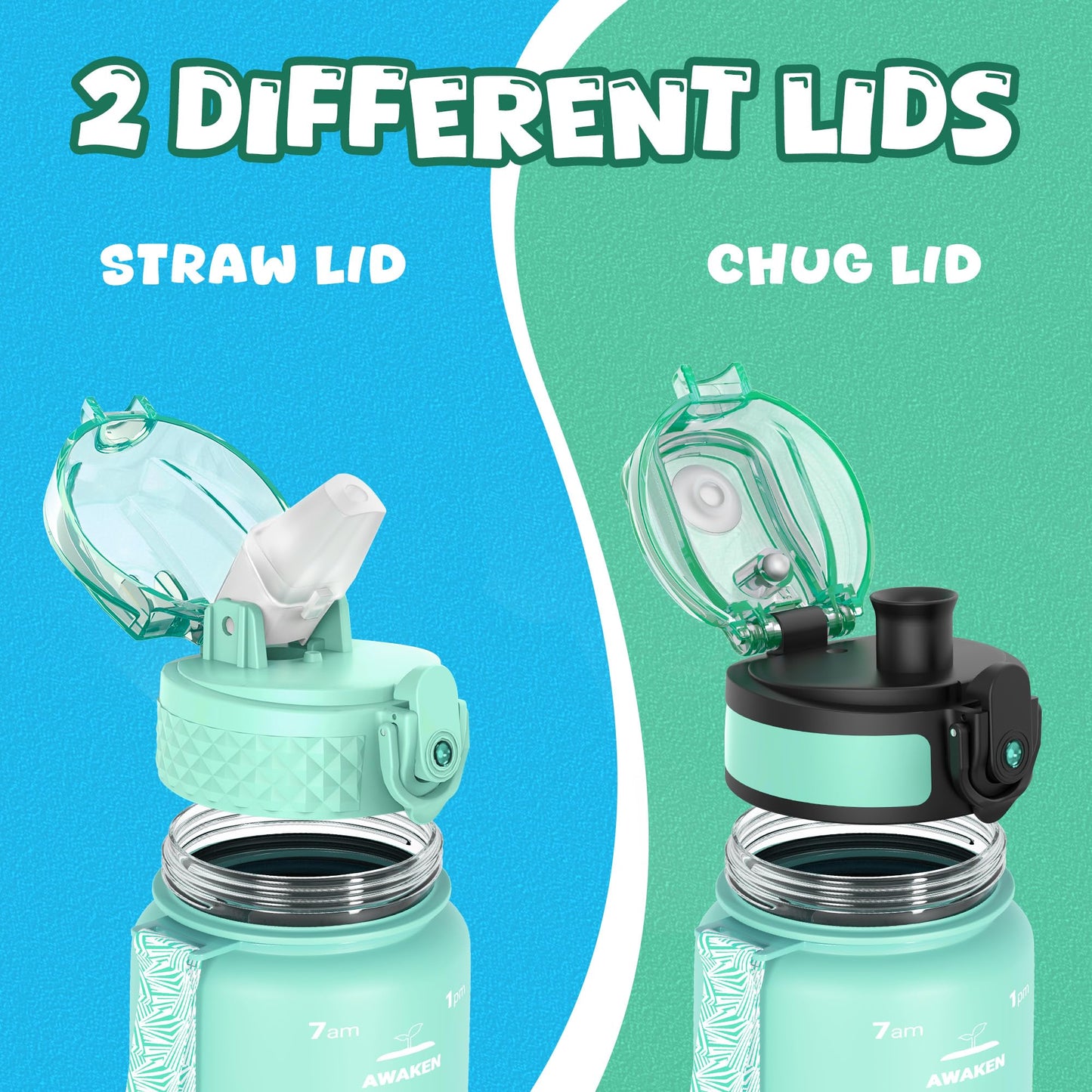 OLDLEY Kids Water Bottle for School, 12 oz (2 lids) BPA-Free Reusable Leak-proof Durable Tritan Plastic Bottles with Straw & Chug Lids, Anti-dust Spout Cover (Pink Blue)