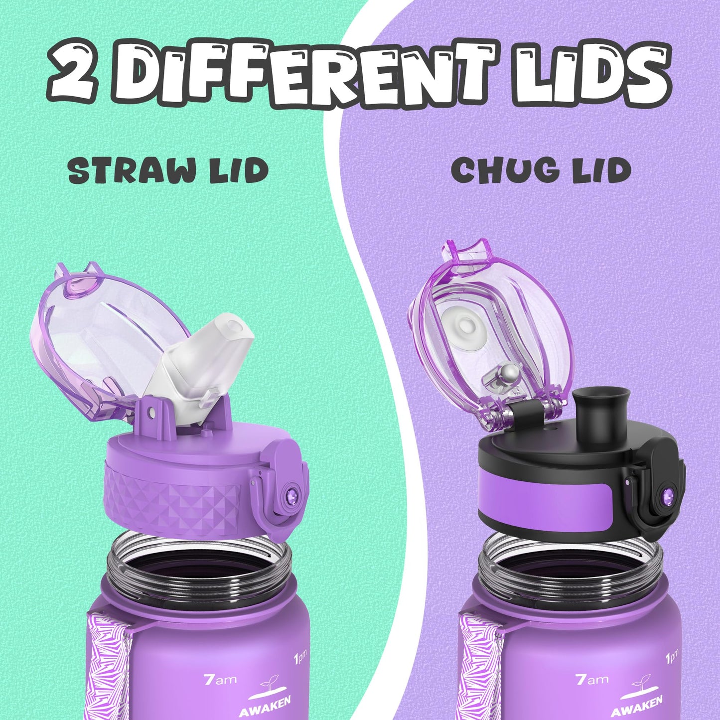OLDLEY Kids Water Bottle for School, 12 oz (2 lids) BPA-Free Reusable Leak-proof Durable Tritan Plastic Bottles with Straw & Chug Lids, Anti-dust Spout Cover (Pink Blue)