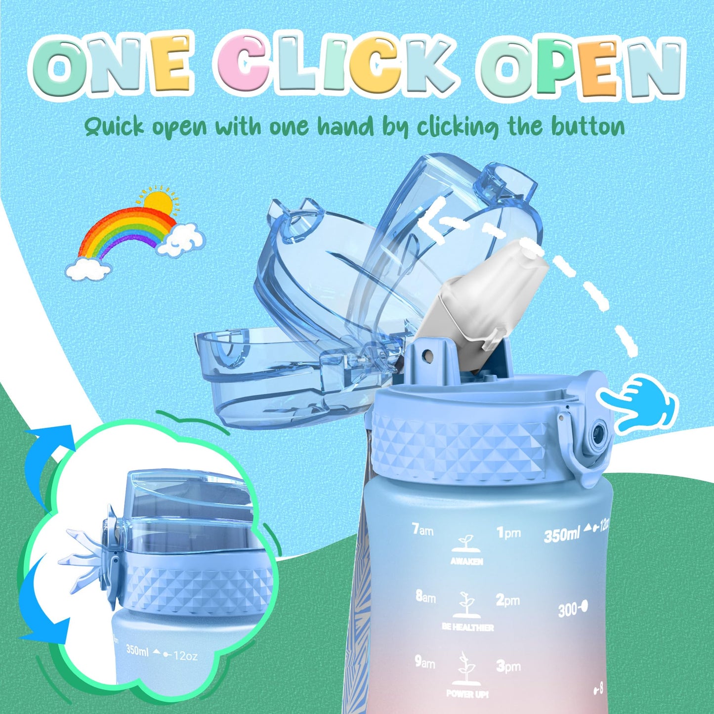 OLDLEY Kids Water Bottle for School, 12 oz (2 lids) BPA-Free Reusable Leak-proof Durable Tritan Plastic Bottles with Straw & Chug Lids, Anti-dust Spout Cover (Pink Blue)