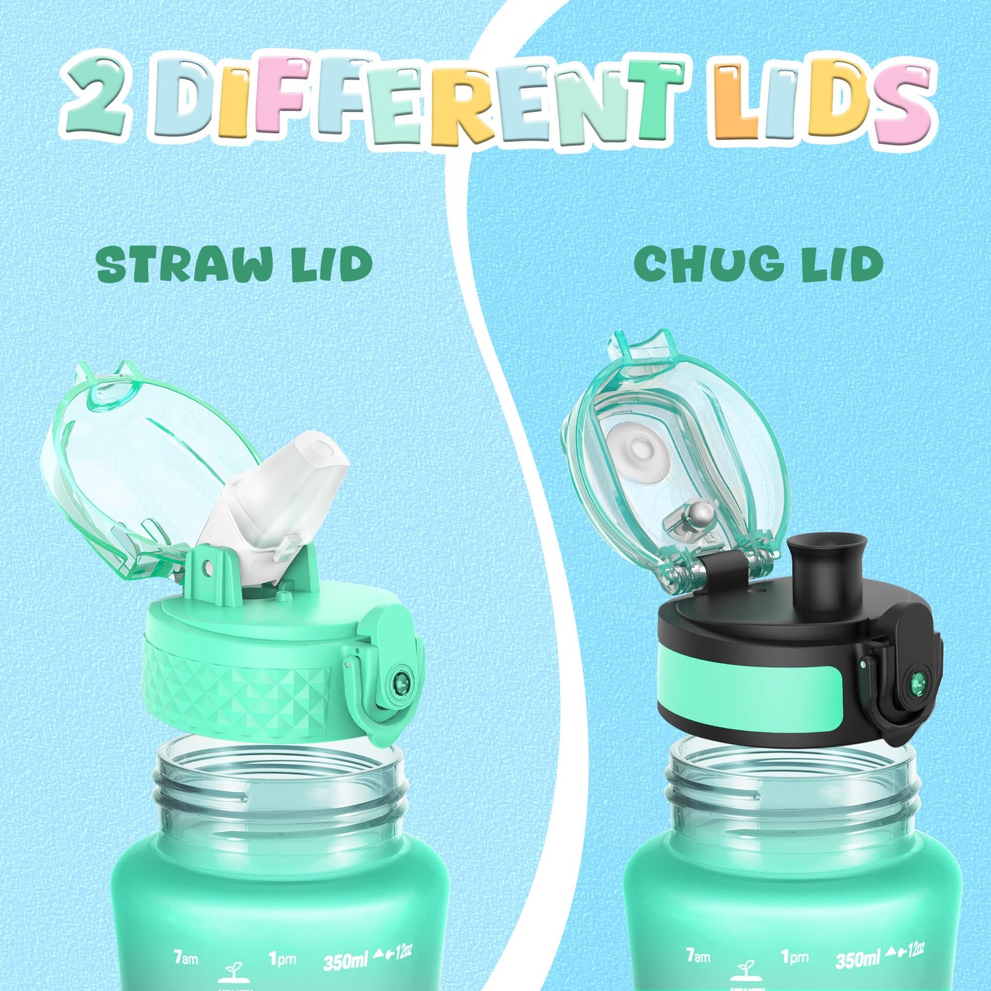 OLDLEY Kids Water Bottle for School, 12 oz (2 lids) BPA-Free Reusable Leak-proof Durable Tritan Plastic Bottles with Straw & Chug Lids, Anti-dust Spout Cover (Pink Blue)