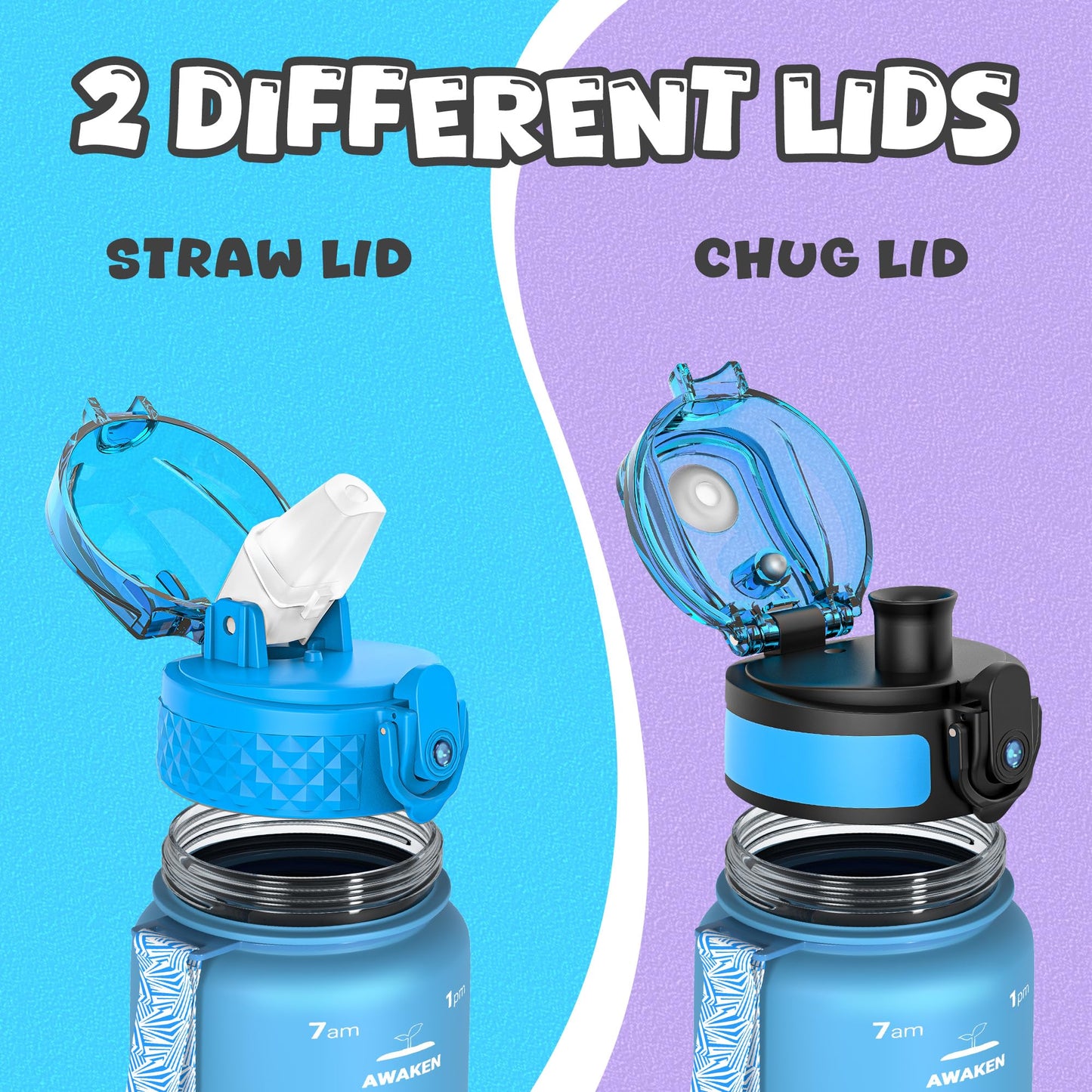 OLDLEY Kids Water Bottle for School, 12 oz (2 lids) BPA-Free Reusable Leak-proof Durable Tritan Plastic Bottles with Straw & Chug Lids, Anti-dust Spout Cover (Pink Blue)
