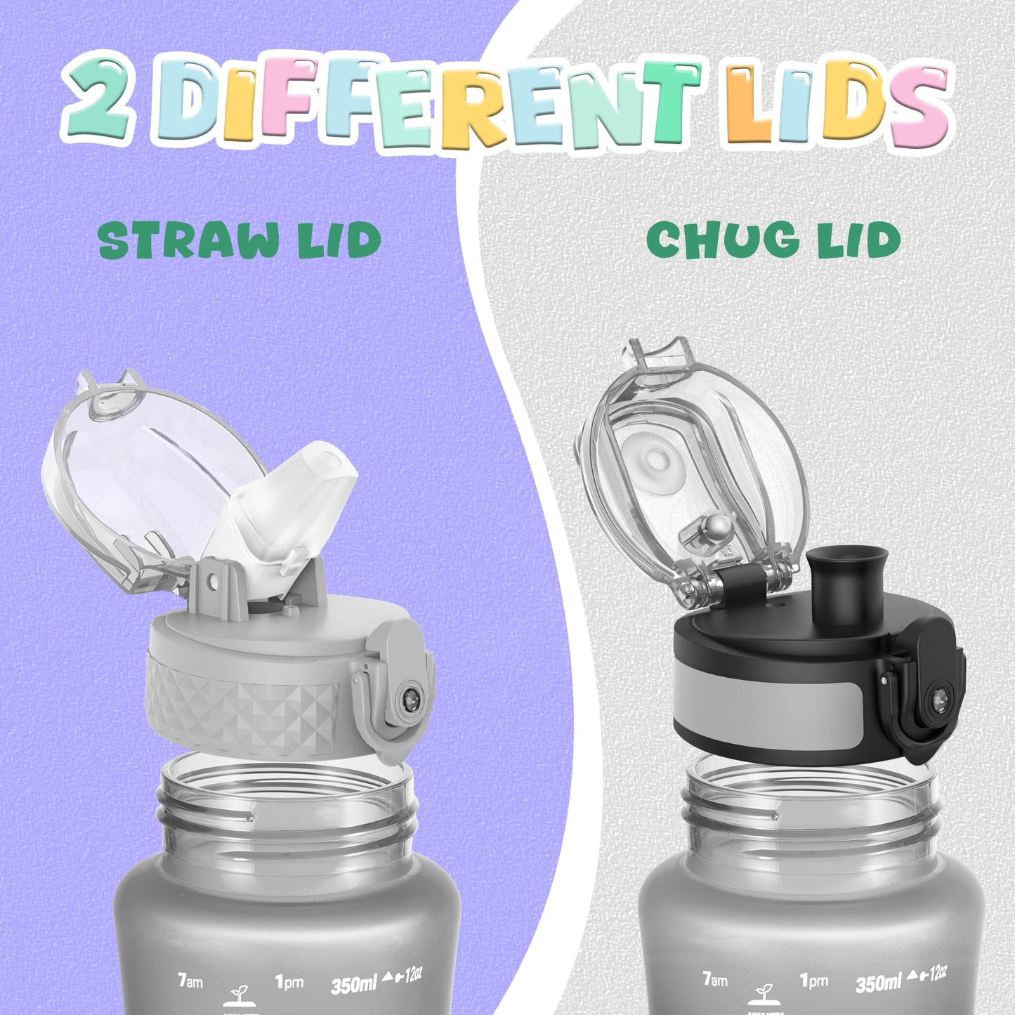 OLDLEY Kids Water Bottle for School, 12 oz (2 lids) BPA-Free Reusable Leak-proof Durable Tritan Plastic Bottles with Straw & Chug Lids, Anti-dust Spout Cover (Pink Blue)