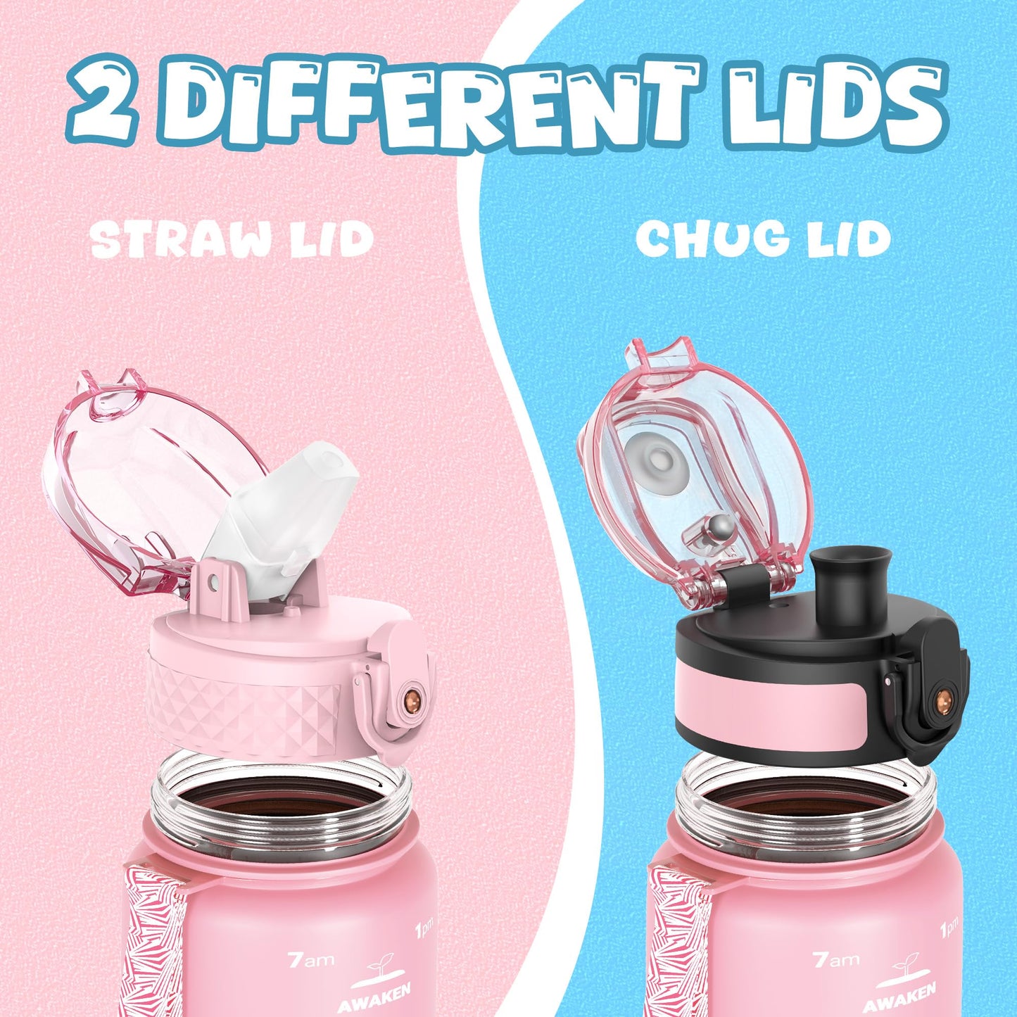 OLDLEY Kids Water Bottle for School, 12 oz (2 lids) BPA-Free Reusable Leak-proof Durable Tritan Plastic Bottles with Straw & Chug Lids, Anti-dust Spout Cover (Pink Blue)