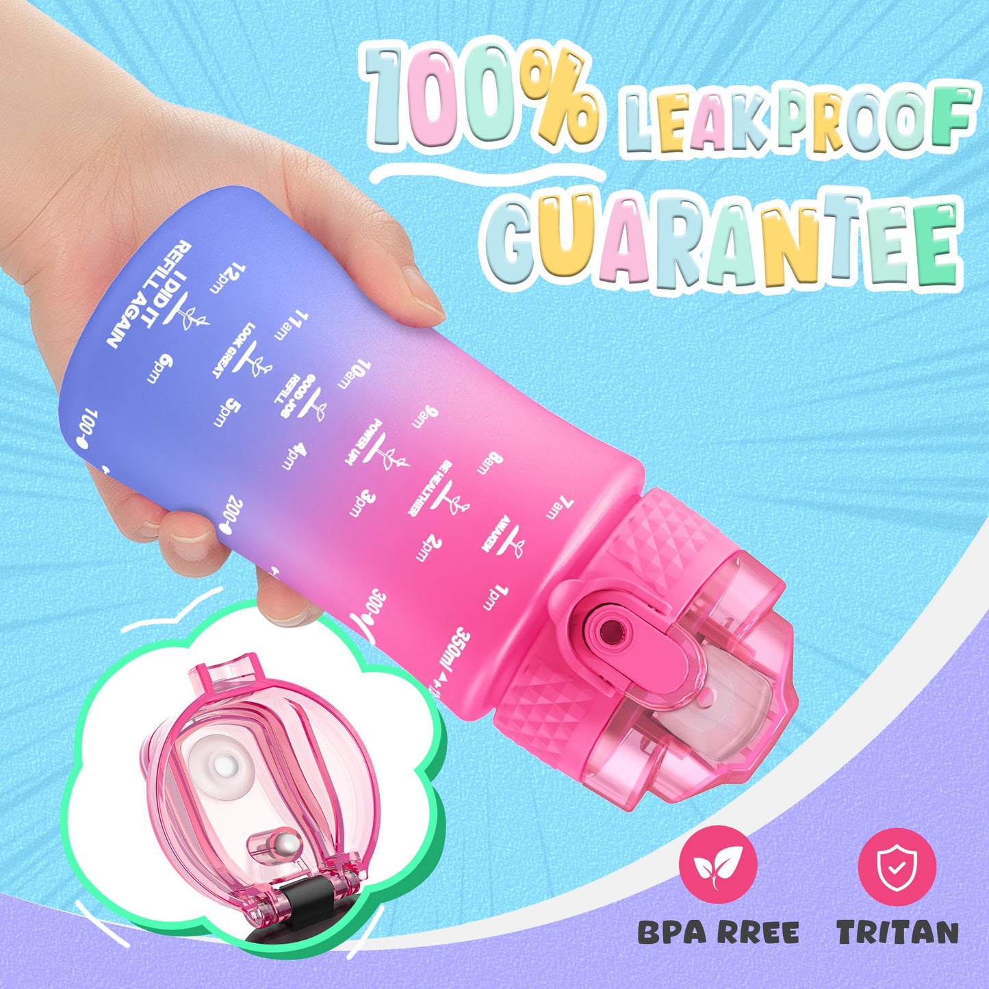OLDLEY Kids Water Bottle for School, 12 oz (2 lids) BPA-Free Reusable Leak-proof Durable Tritan Plastic Bottles with Straw & Chug Lids, Anti-dust Spout Cover (Pink Blue)