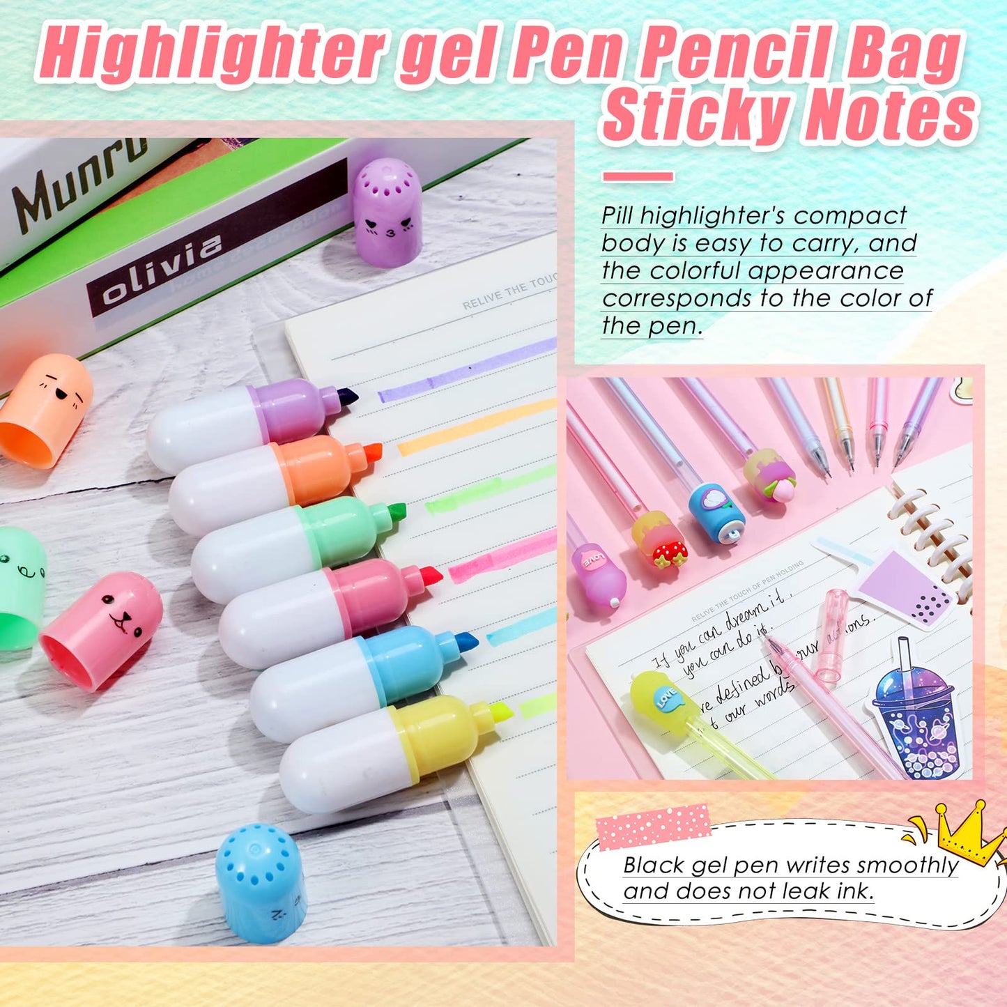 Sabary 228 Pcs Kawaii Stationary Set Include Telescopic Boba Pencil Pouch Case Bag Gel Ink Pen Sticky Note Bubble Tea Sticker Pill Highlighter Stationary Cute School Supplies for Christmas(Vivid)