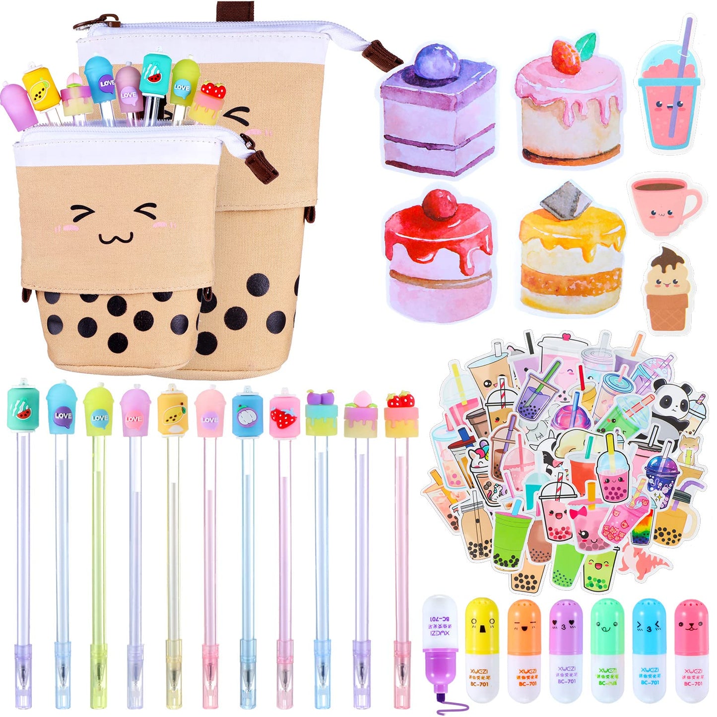 Sabary 228 Pcs Kawaii Stationary Set Include Telescopic Boba Pencil Pouch Case Bag Gel Ink Pen Sticky Note Bubble Tea Sticker Pill Highlighter Stationary Cute School Supplies for Christmas(Vivid)