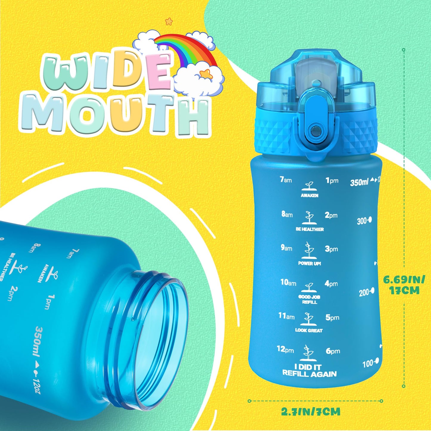 OLDLEY Kids Water Bottle for School, 12 oz (2 lids) BPA-Free Reusable Leak-proof Durable Tritan Plastic Bottles with Straw & Chug Lids, Anti-dust Spout Cover (Pink Blue)