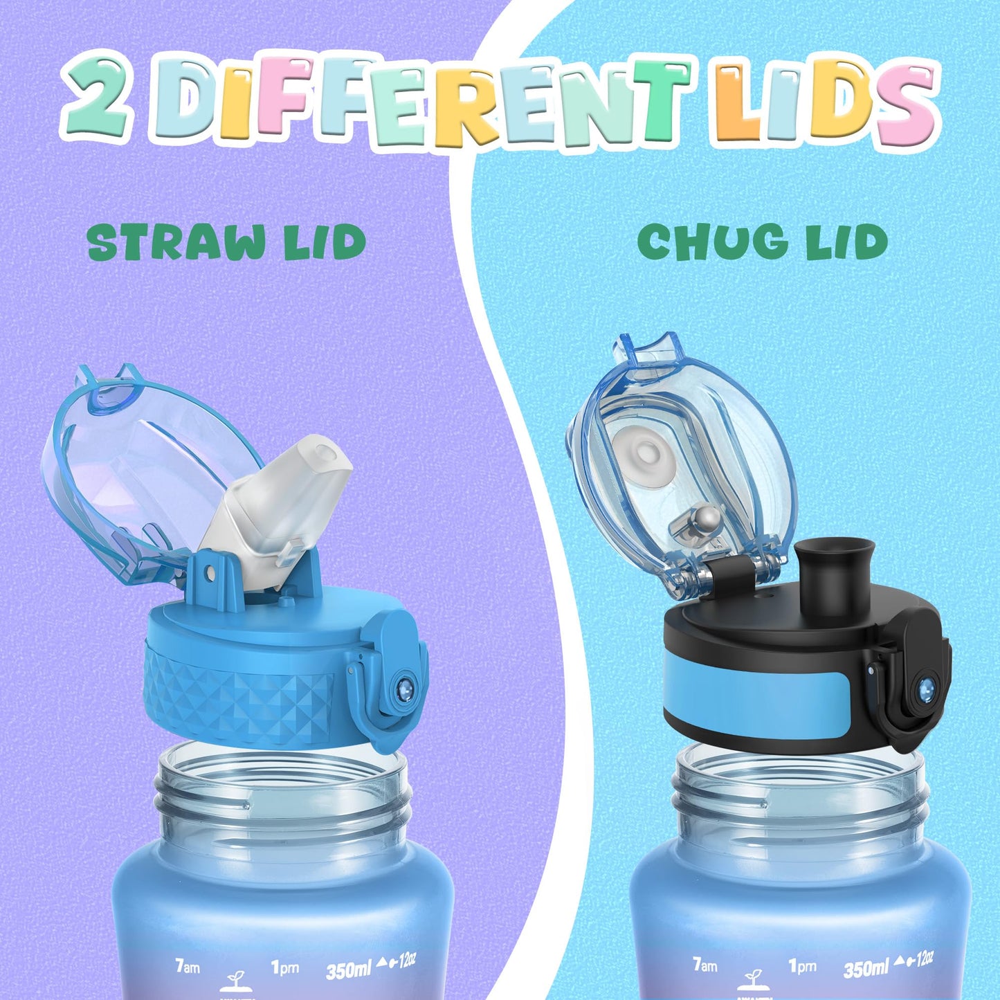 OLDLEY Kids Water Bottle for School, 12 oz (2 lids) BPA-Free Reusable Leak-proof Durable Tritan Plastic Bottles with Straw & Chug Lids, Anti-dust Spout Cover (Pink Blue)