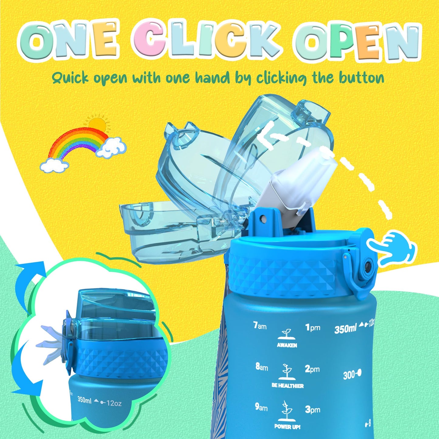 OLDLEY Kids Water Bottle for School, 12 oz (2 lids) BPA-Free Reusable Leak-proof Durable Tritan Plastic Bottles with Straw & Chug Lids, Anti-dust Spout Cover (Pink Blue)