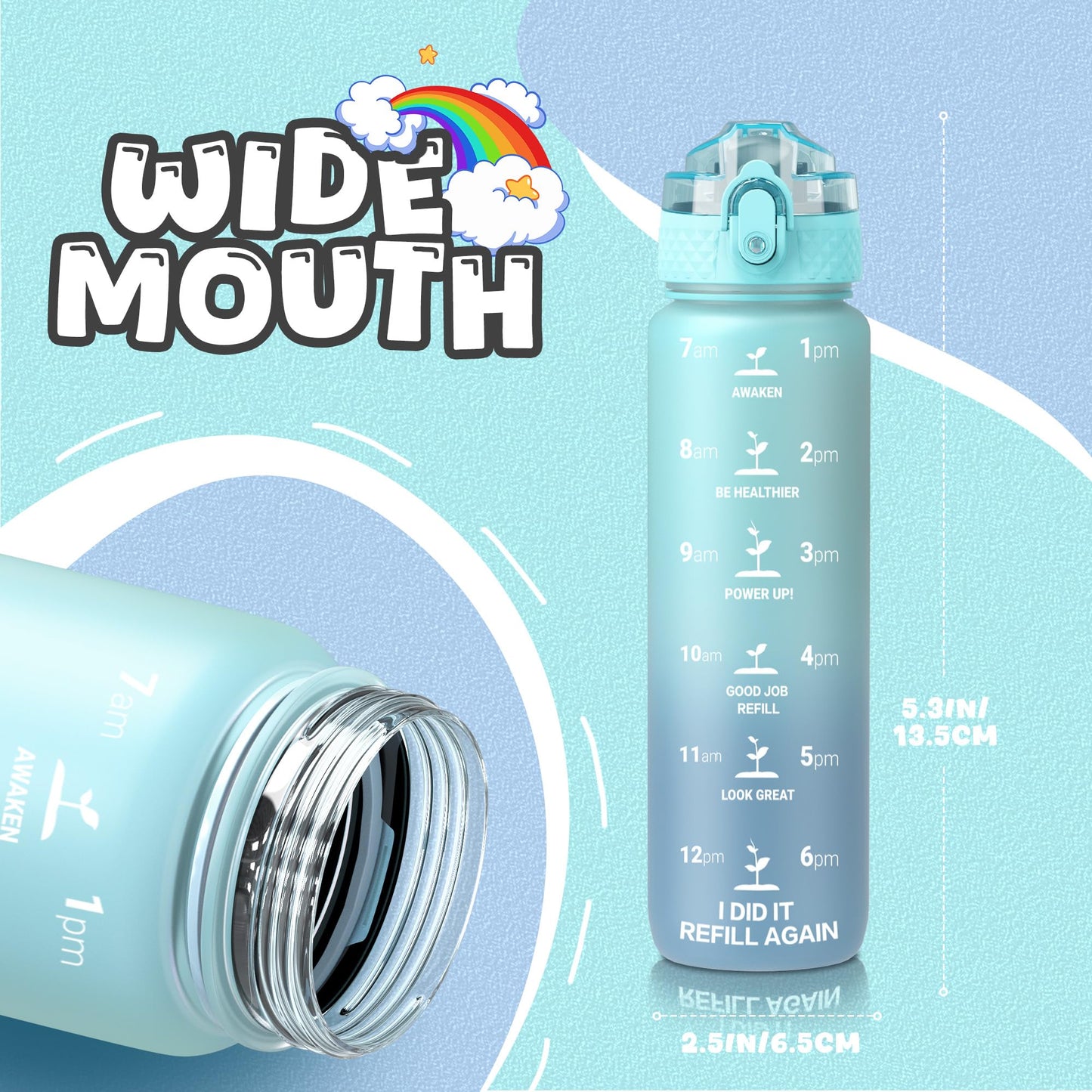 OLDLEY Kids Water Bottle for School, 12 oz (2 lids) BPA-Free Reusable Leak-proof Durable Tritan Plastic Bottles with Straw & Chug Lids, Anti-dust Spout Cover (Pink Blue)