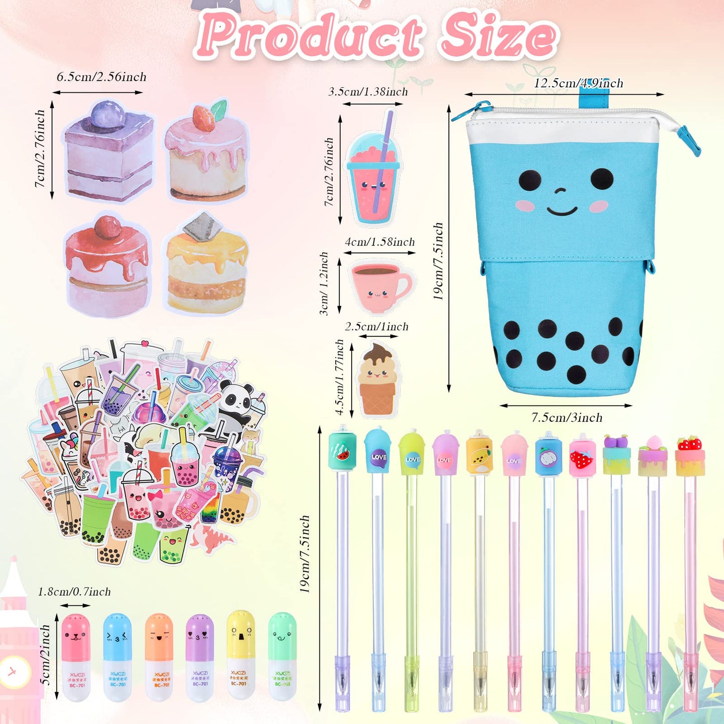 Sabary 228 Pcs Kawaii Stationary Set Include Telescopic Boba Pencil Pouch Case Bag Gel Ink Pen Sticky Note Bubble Tea Sticker Pill Highlighter Stationary Cute School Supplies for Christmas(Vivid)