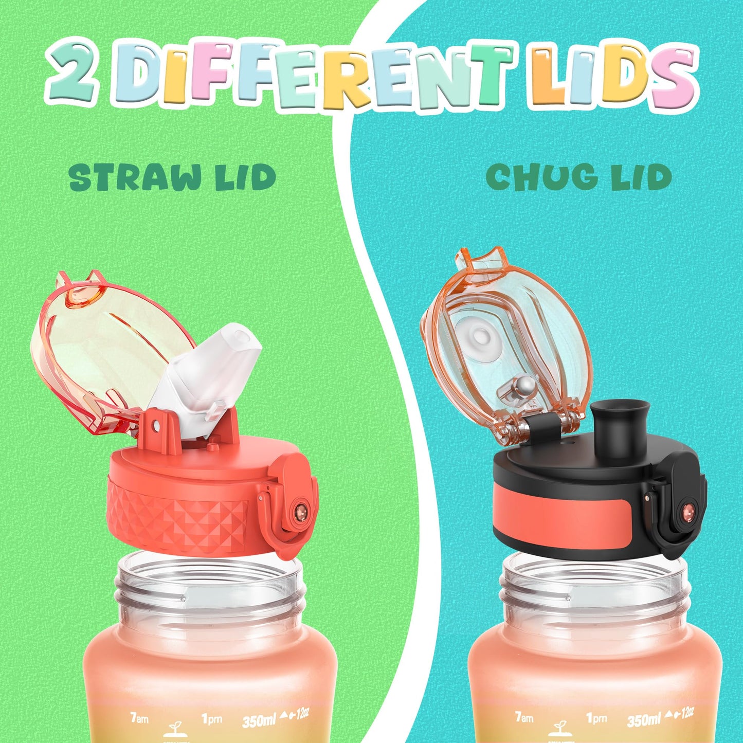 OLDLEY Kids Water Bottle for School, 12 oz (2 lids) BPA-Free Reusable Leak-proof Durable Tritan Plastic Bottles with Straw & Chug Lids, Anti-dust Spout Cover (Pink Blue)