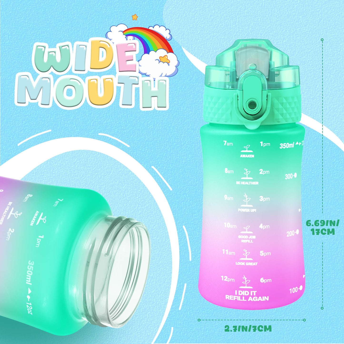 OLDLEY Kids Water Bottle for School, 12 oz (2 lids) BPA-Free Reusable Leak-proof Durable Tritan Plastic Bottles with Straw & Chug Lids, Anti-dust Spout Cover (Pink Blue)