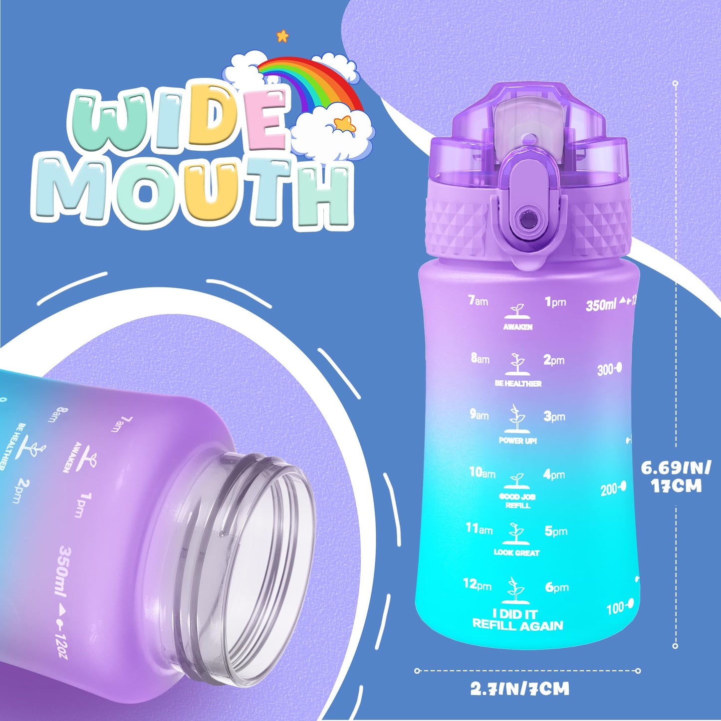 OLDLEY Kids Water Bottle for School, 12 oz (2 lids) BPA-Free Reusable Leak-proof Durable Tritan Plastic Bottles with Straw & Chug Lids, Anti-dust Spout Cover (Pink Blue)
