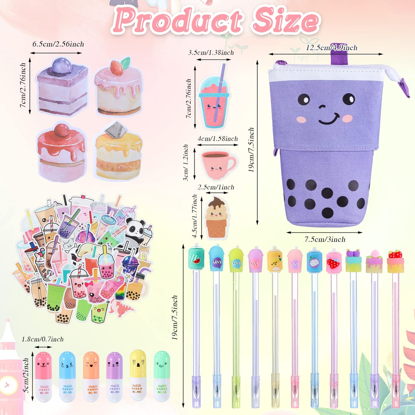 Sabary 228 Pcs Kawaii Stationary Set Include Telescopic Boba Pencil Pouch Case Bag Gel Ink Pen Sticky Note Bubble Tea Sticker Pill Highlighter Stationary Cute School Supplies for Christmas(Vivid)