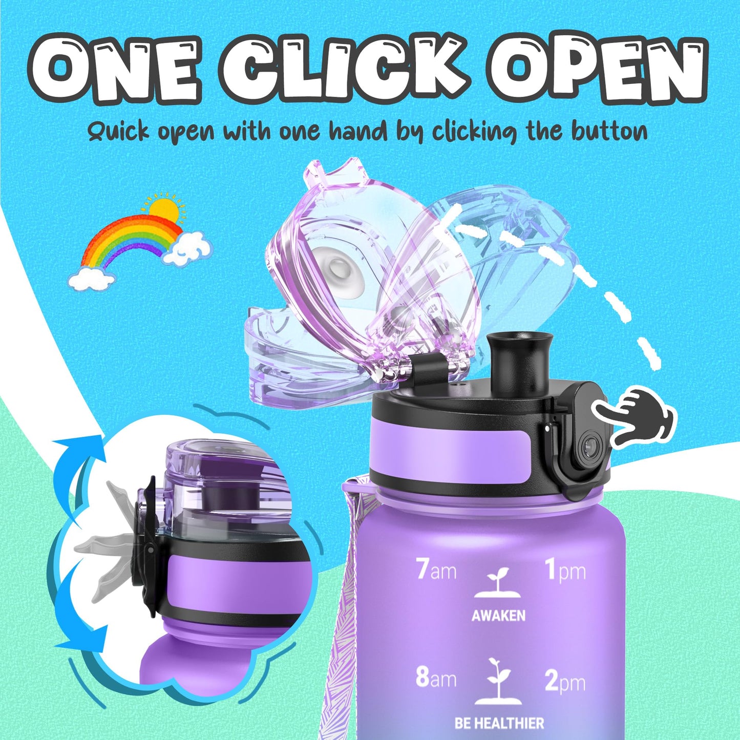 OLDLEY Kids Water Bottle for School, 12 oz (2 lids) BPA-Free Reusable Leak-proof Durable Tritan Plastic Bottles with Straw & Chug Lids, Anti-dust Spout Cover (Pink Blue)