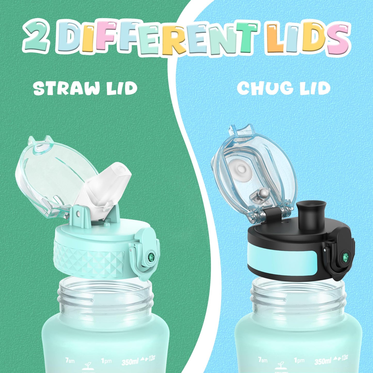 OLDLEY Kids Water Bottle for School, 12 oz (2 lids) BPA-Free Reusable Leak-proof Durable Tritan Plastic Bottles with Straw & Chug Lids, Anti-dust Spout Cover (Pink Blue)