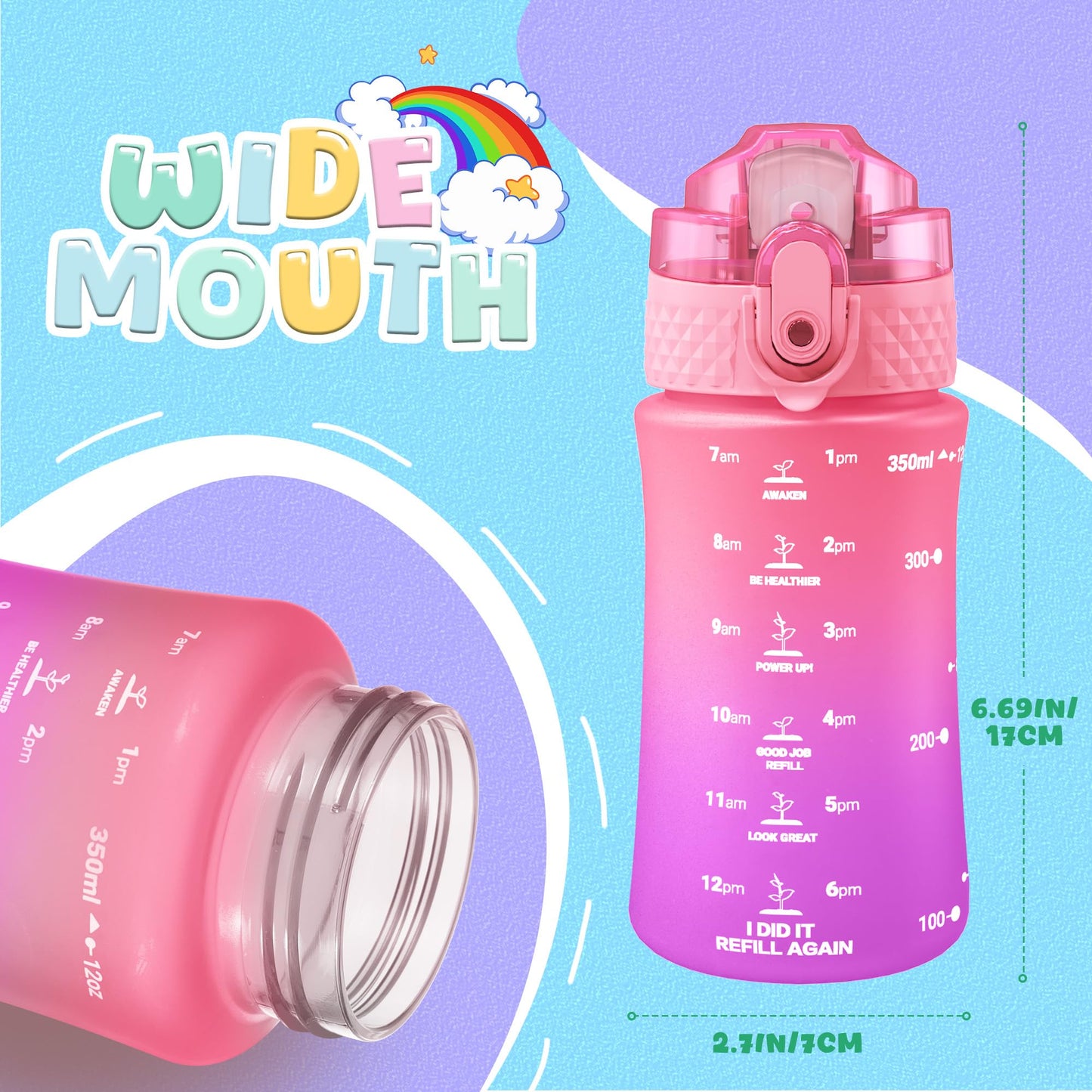 OLDLEY Kids Water Bottle for School, 12 oz (2 lids) BPA-Free Reusable Leak-proof Durable Tritan Plastic Bottles with Straw & Chug Lids, Anti-dust Spout Cover (Pink Blue)