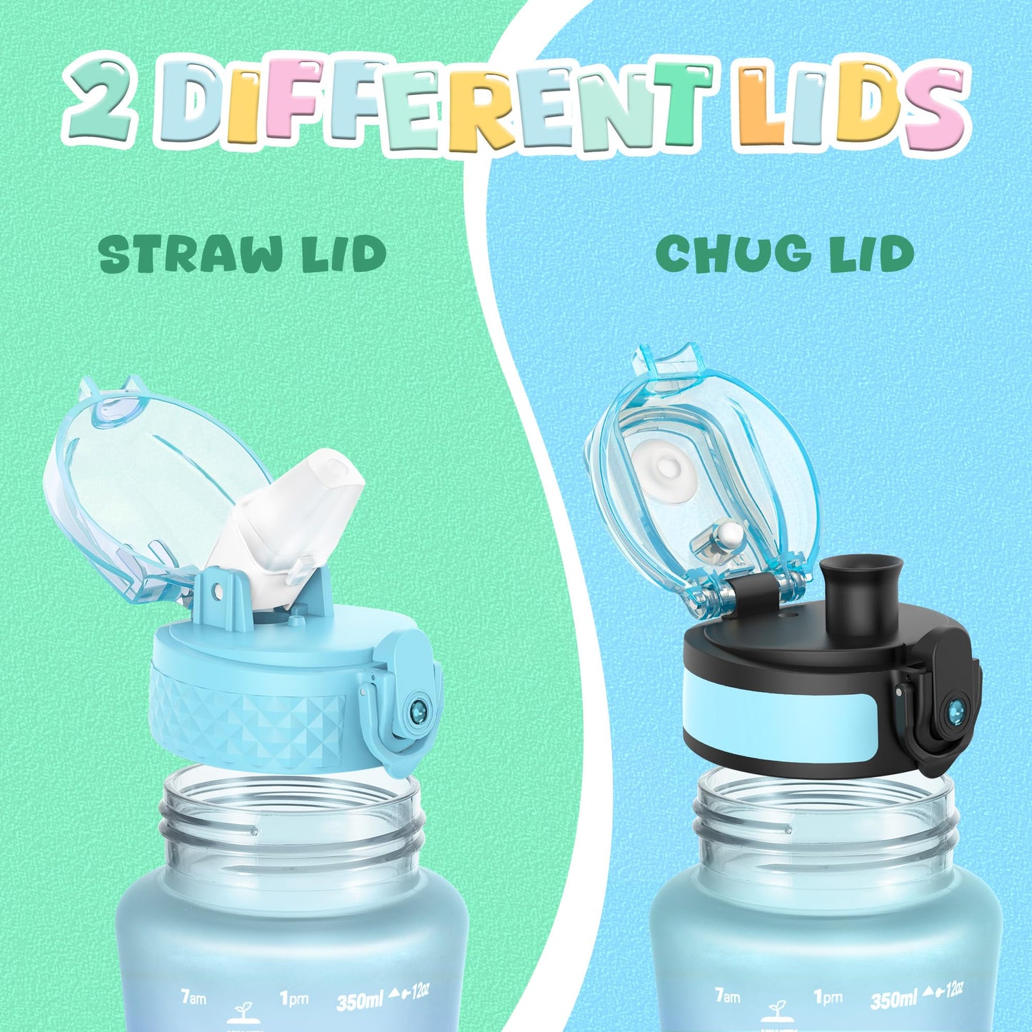 OLDLEY Kids Water Bottle for School, 12 oz (2 lids) BPA-Free Reusable Leak-proof Durable Tritan Plastic Bottles with Straw & Chug Lids, Anti-dust Spout Cover (Pink Blue)