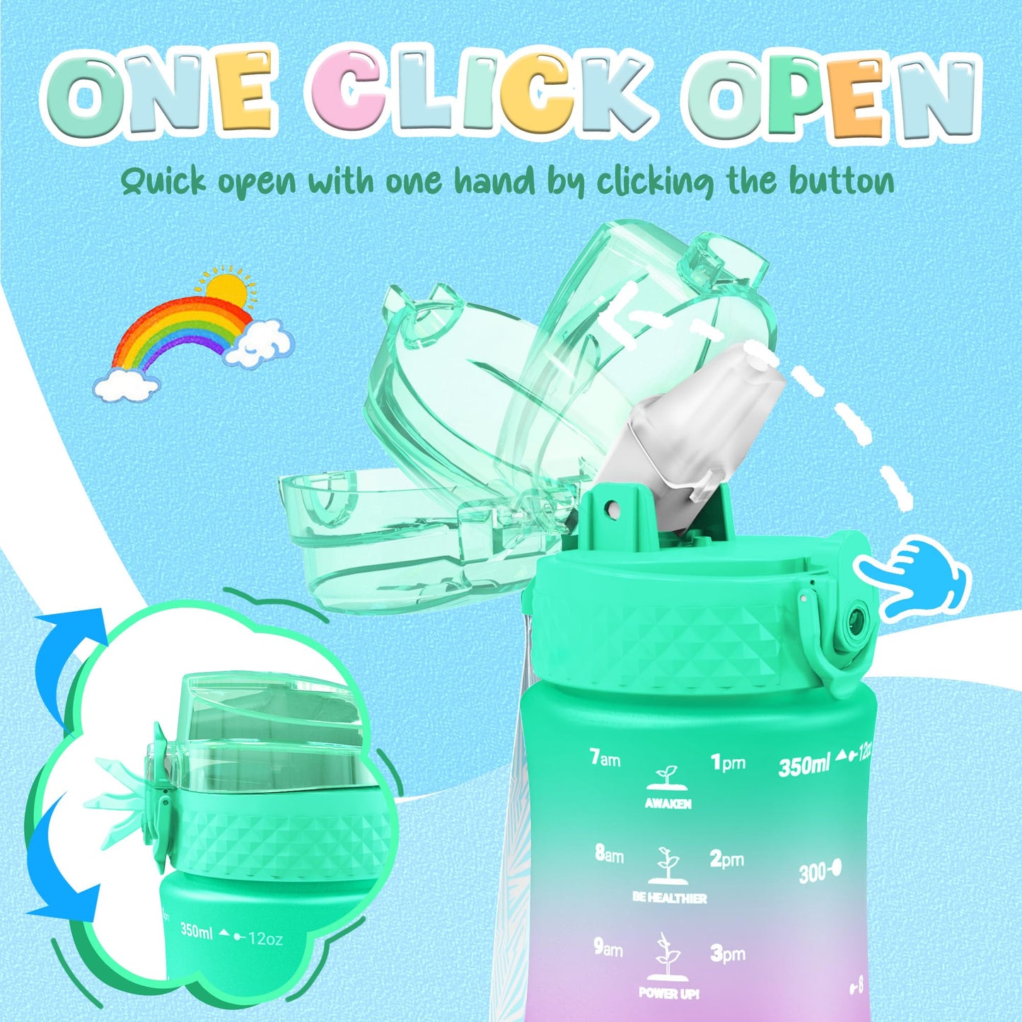 OLDLEY Kids Water Bottle for School, 12 oz (2 lids) BPA-Free Reusable Leak-proof Durable Tritan Plastic Bottles with Straw & Chug Lids, Anti-dust Spout Cover (Pink Blue)