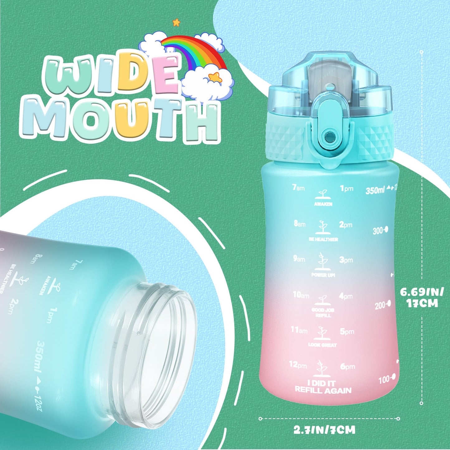 OLDLEY Kids Water Bottle for School, 12 oz (2 lids) BPA-Free Reusable Leak-proof Durable Tritan Plastic Bottles with Straw & Chug Lids, Anti-dust Spout Cover (Pink Blue)
