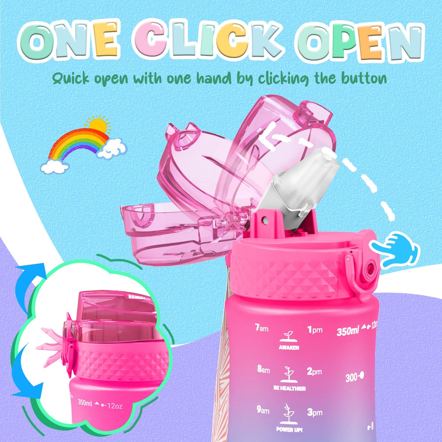 OLDLEY Kids Water Bottle for School, 12 oz (2 lids) BPA-Free Reusable Leak-proof Durable Tritan Plastic Bottles with Straw & Chug Lids, Anti-dust Spout Cover (Pink Blue)