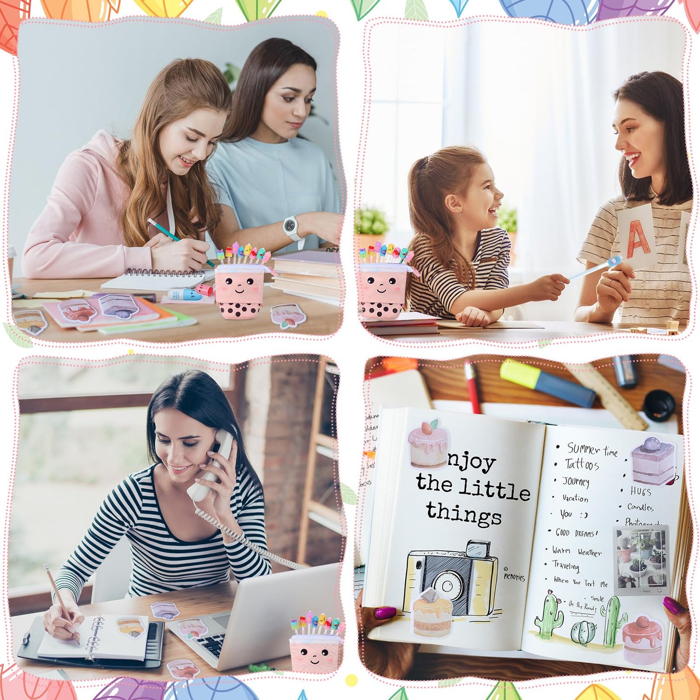 Sabary 228 Pcs Kawaii Stationary Set Include Telescopic Boba Pencil Pouch Case Bag Gel Ink Pen Sticky Note Bubble Tea Sticker Pill Highlighter Stationary Cute School Supplies for Christmas(Vivid)