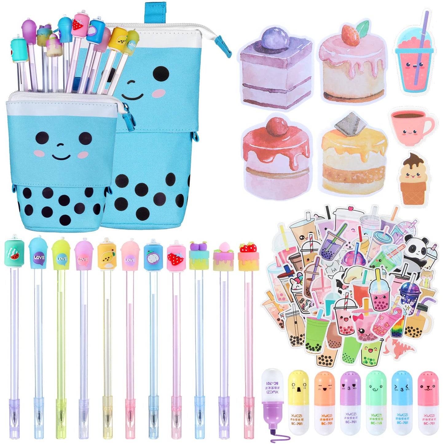 Sabary 228 Pcs Kawaii Stationary Set Include Telescopic Boba Pencil Pouch Case Bag Gel Ink Pen Sticky Note Bubble Tea Sticker Pill Highlighter Stationary Cute School Supplies for Christmas(Vivid)
