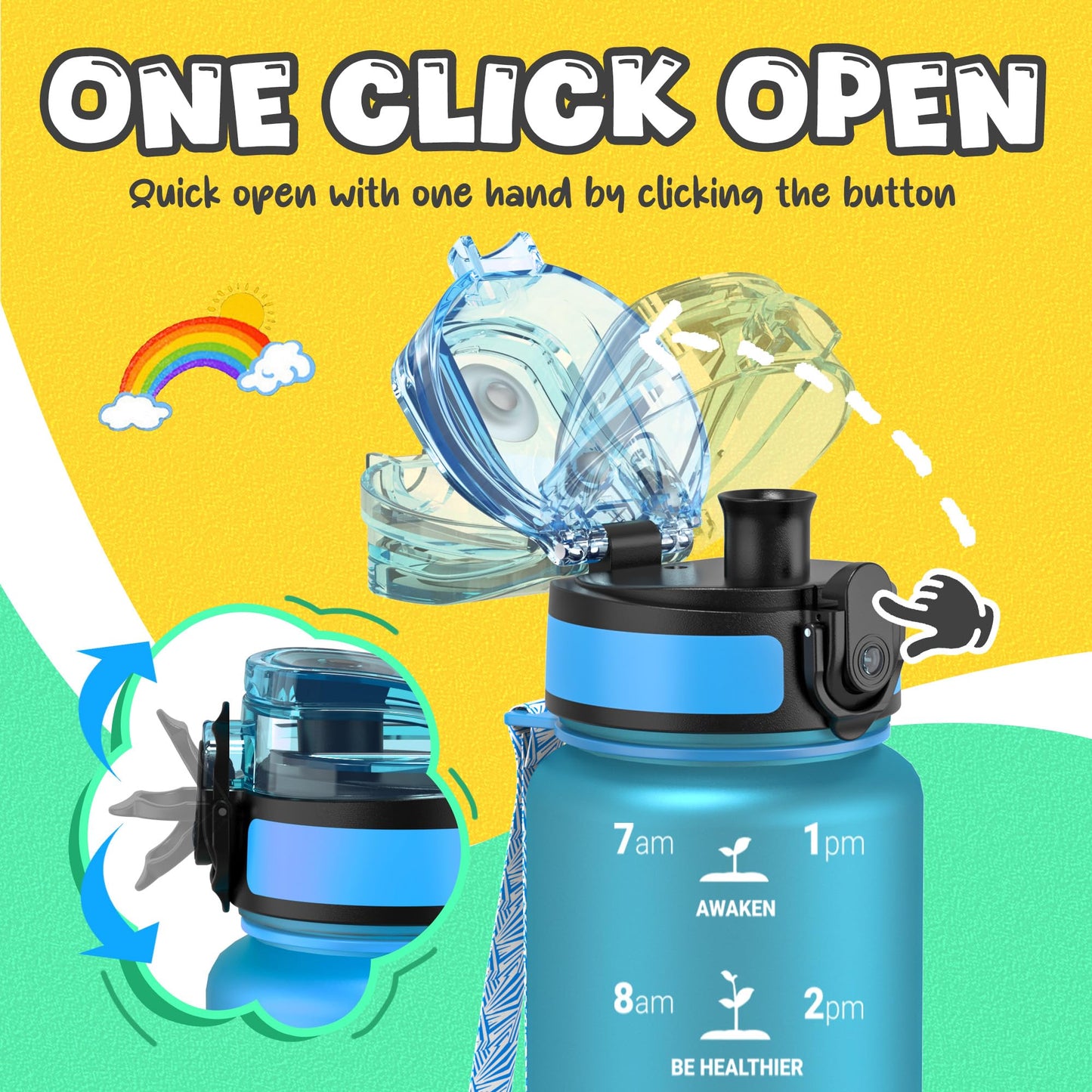 OLDLEY Kids Water Bottle for School, 12 oz (2 lids) BPA-Free Reusable Leak-proof Durable Tritan Plastic Bottles with Straw & Chug Lids, Anti-dust Spout Cover (Pink Blue)