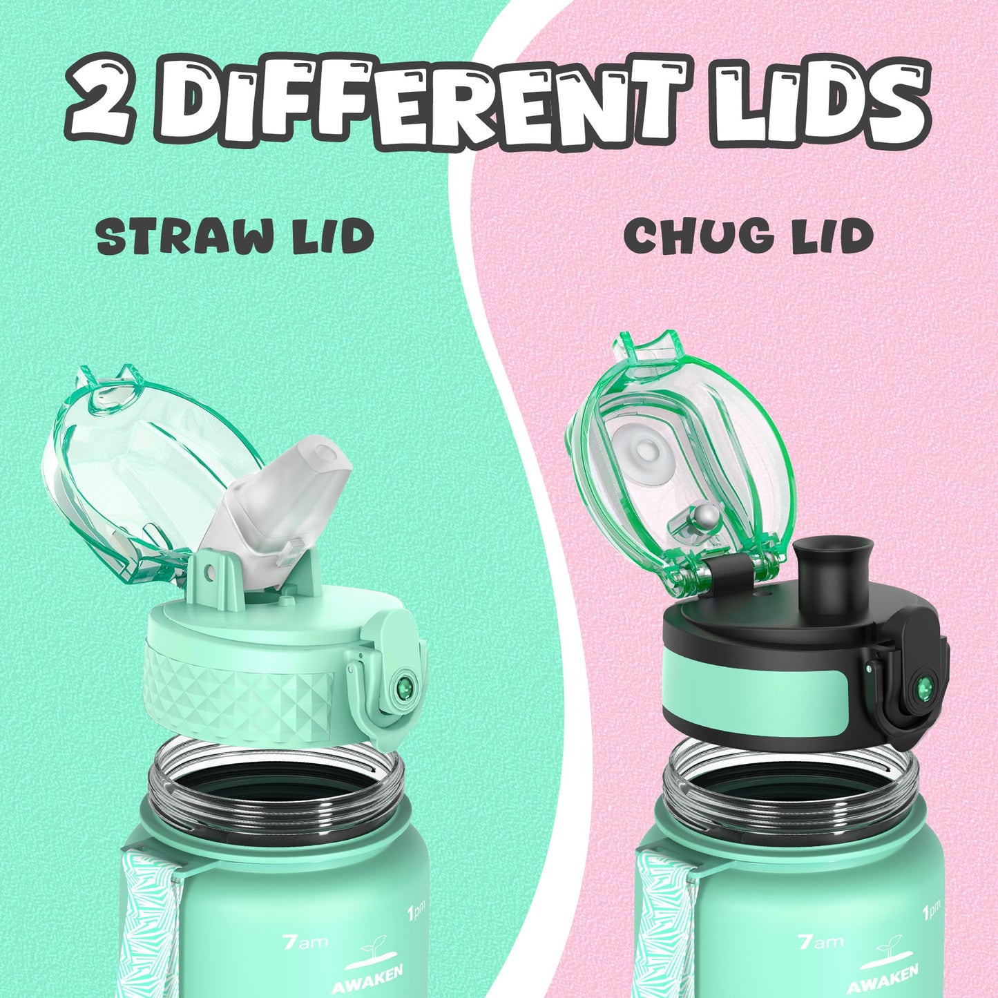 OLDLEY Kids Water Bottle for School, 12 oz (2 lids) BPA-Free Reusable Leak-proof Durable Tritan Plastic Bottles with Straw & Chug Lids, Anti-dust Spout Cover (Pink Blue)