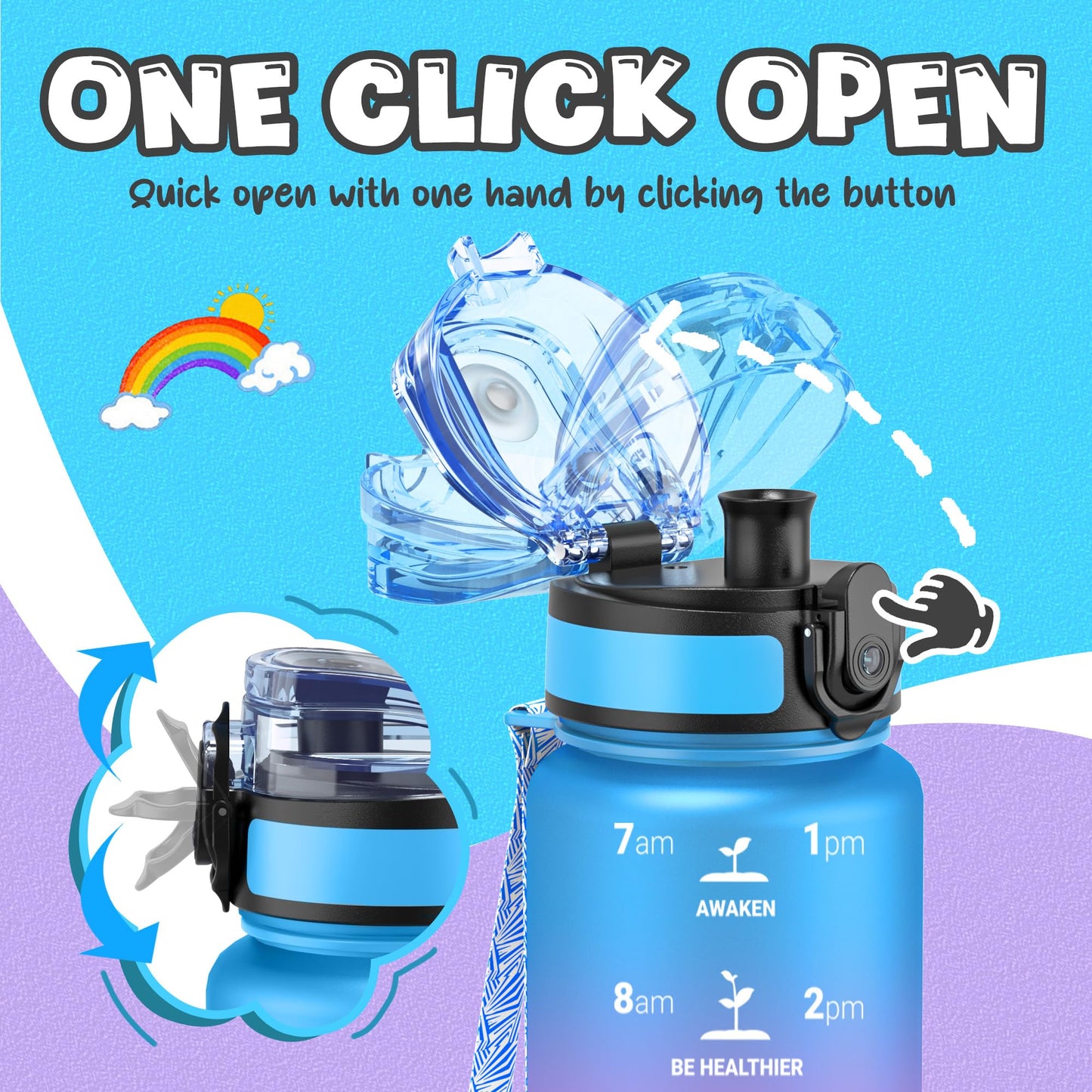 OLDLEY Kids Water Bottle for School, 12 oz (2 lids) BPA-Free Reusable Leak-proof Durable Tritan Plastic Bottles with Straw & Chug Lids, Anti-dust Spout Cover (Pink Blue)