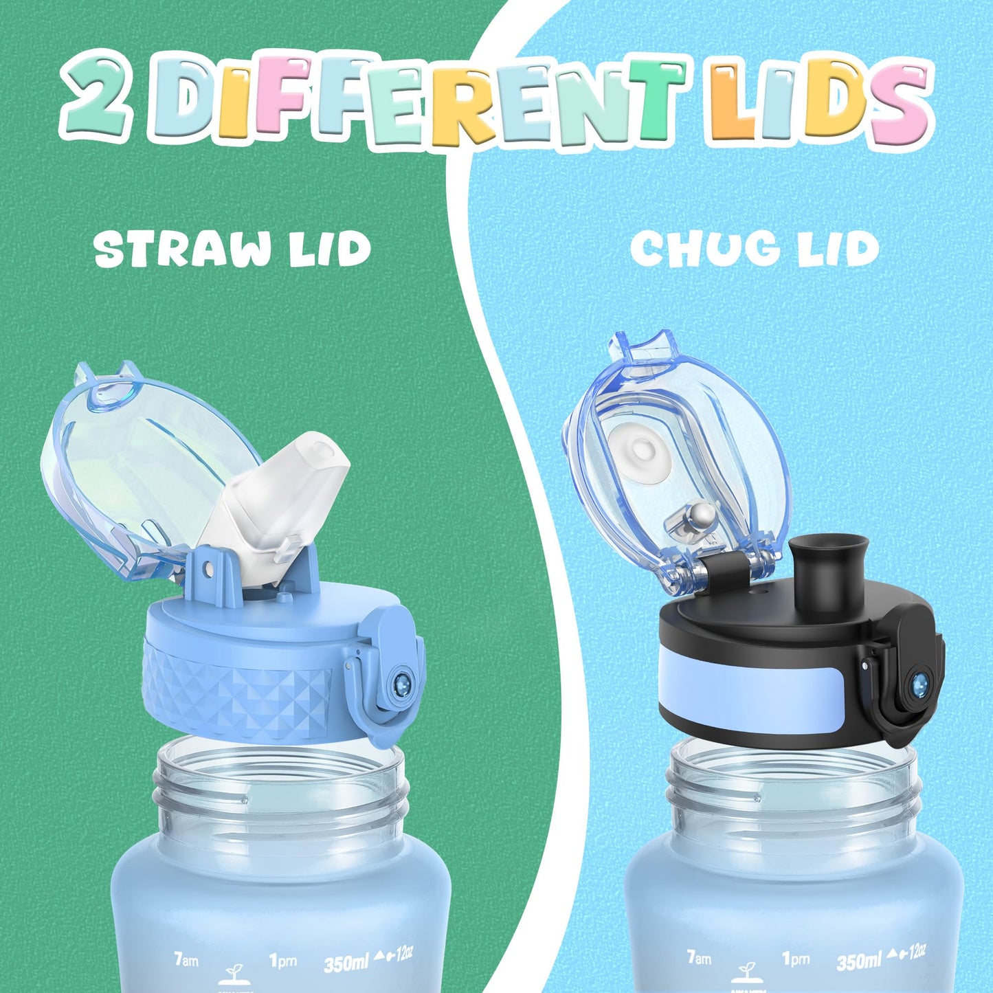 OLDLEY Kids Water Bottle for School, 12 oz (2 lids) BPA-Free Reusable Leak-proof Durable Tritan Plastic Bottles with Straw & Chug Lids, Anti-dust Spout Cover (Pink Blue)