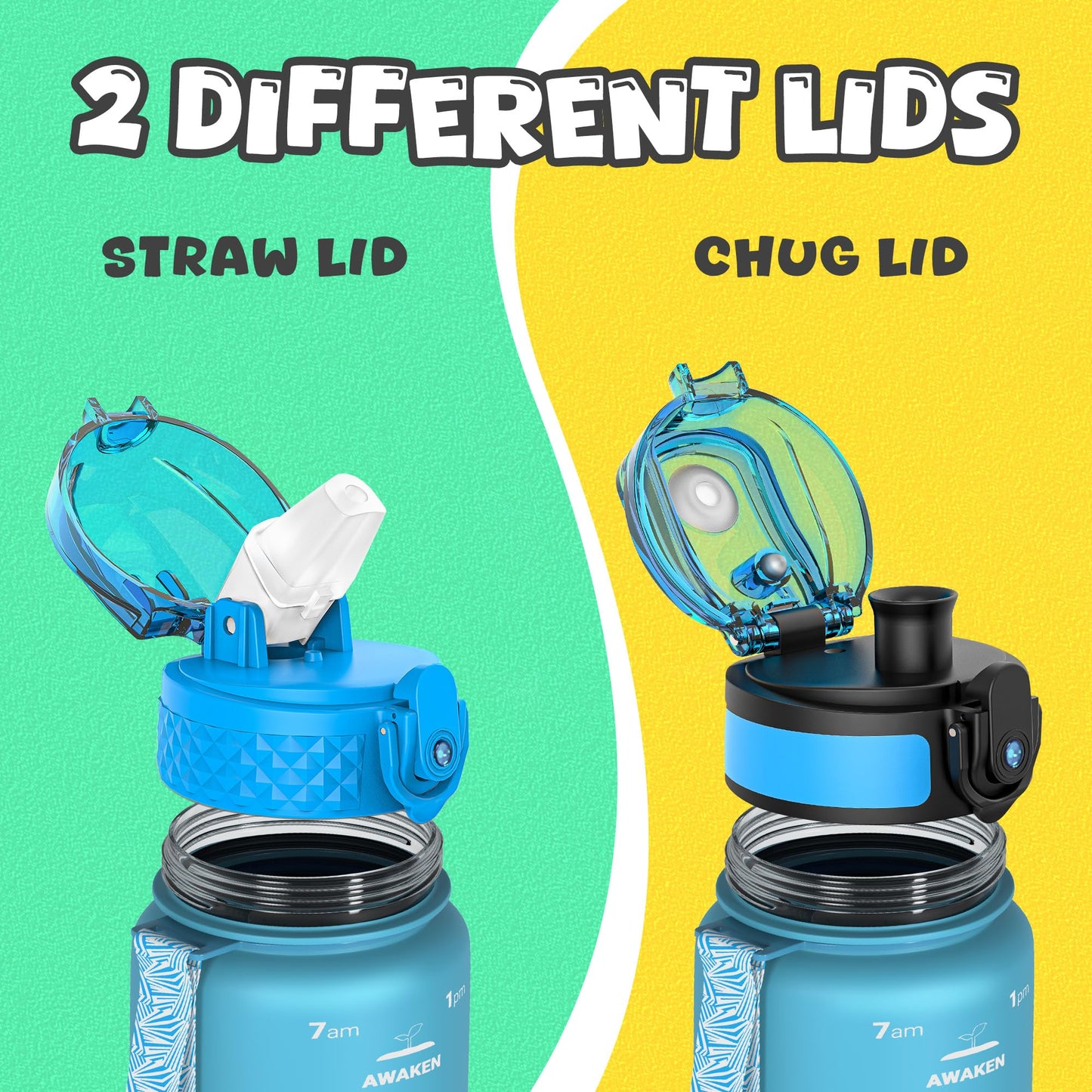 OLDLEY Kids Water Bottle for School, 12 oz (2 lids) BPA-Free Reusable Leak-proof Durable Tritan Plastic Bottles with Straw & Chug Lids, Anti-dust Spout Cover (Pink Blue)