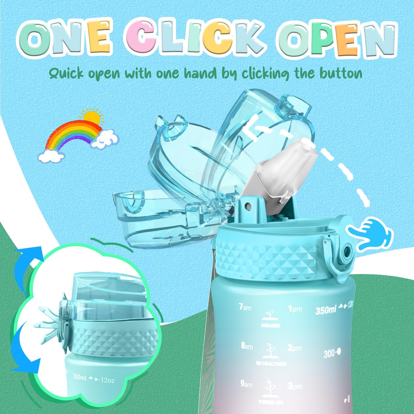 OLDLEY Kids Water Bottle for School, 12 oz (2 lids) BPA-Free Reusable Leak-proof Durable Tritan Plastic Bottles with Straw & Chug Lids, Anti-dust Spout Cover (Pink Blue)