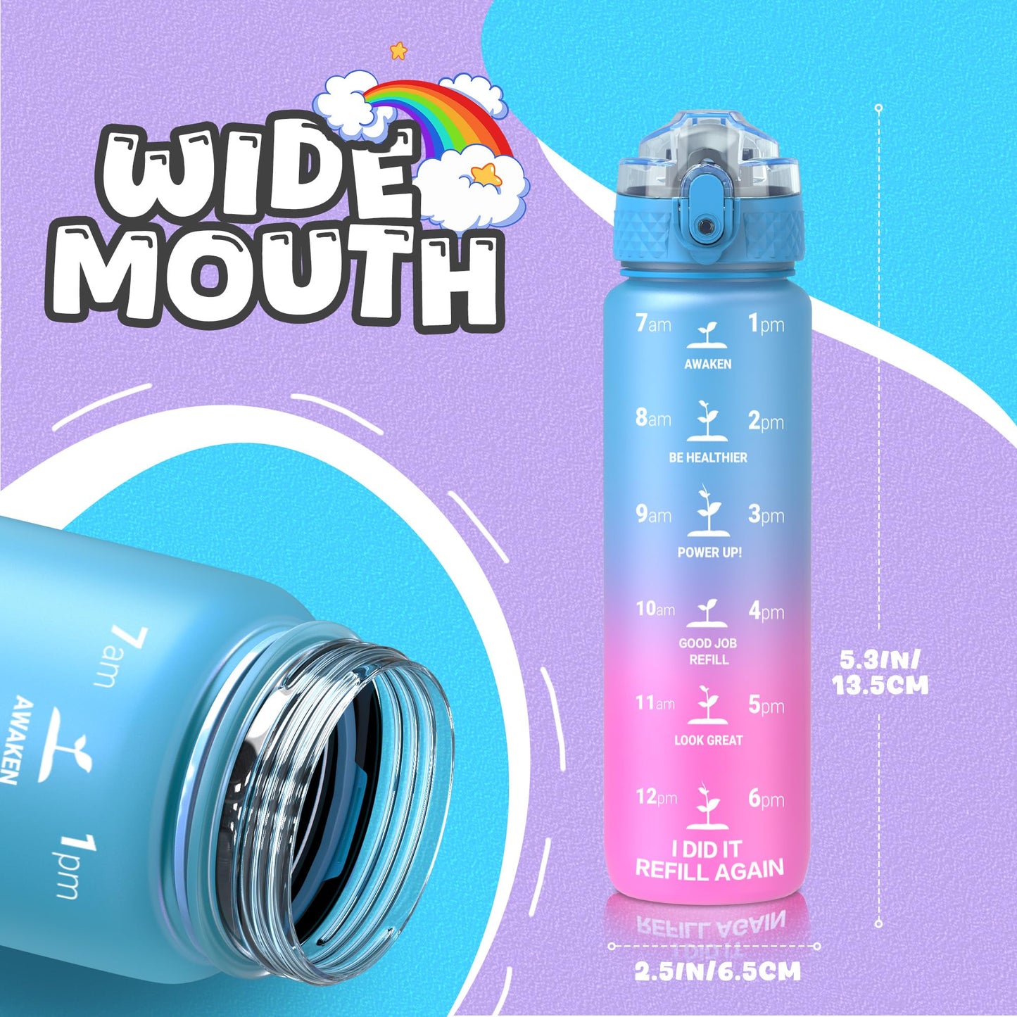 OLDLEY Kids Water Bottle for School, 12 oz (2 lids) BPA-Free Reusable Leak-proof Durable Tritan Plastic Bottles with Straw & Chug Lids, Anti-dust Spout Cover (Pink Blue)