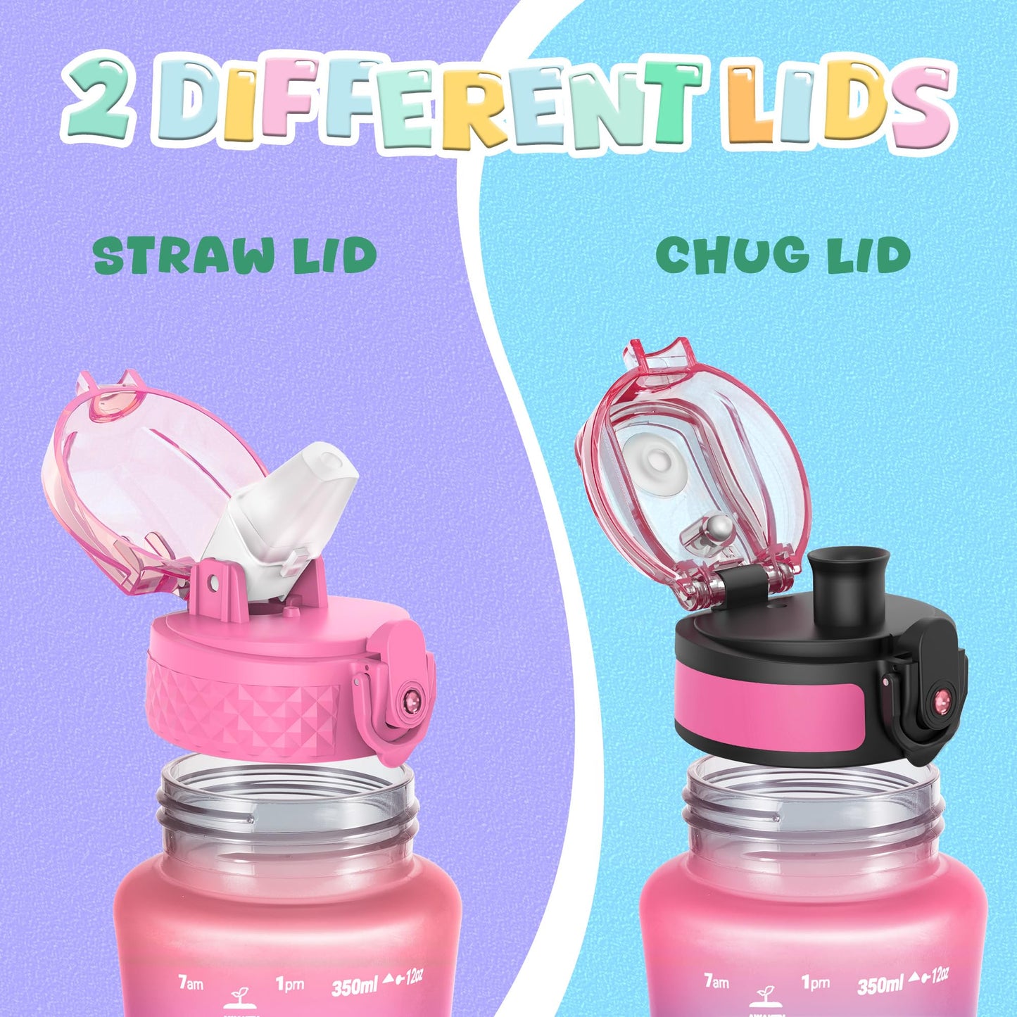 OLDLEY Kids Water Bottle for School, 12 oz (2 lids) BPA-Free Reusable Leak-proof Durable Tritan Plastic Bottles with Straw & Chug Lids, Anti-dust Spout Cover (Pink Blue)