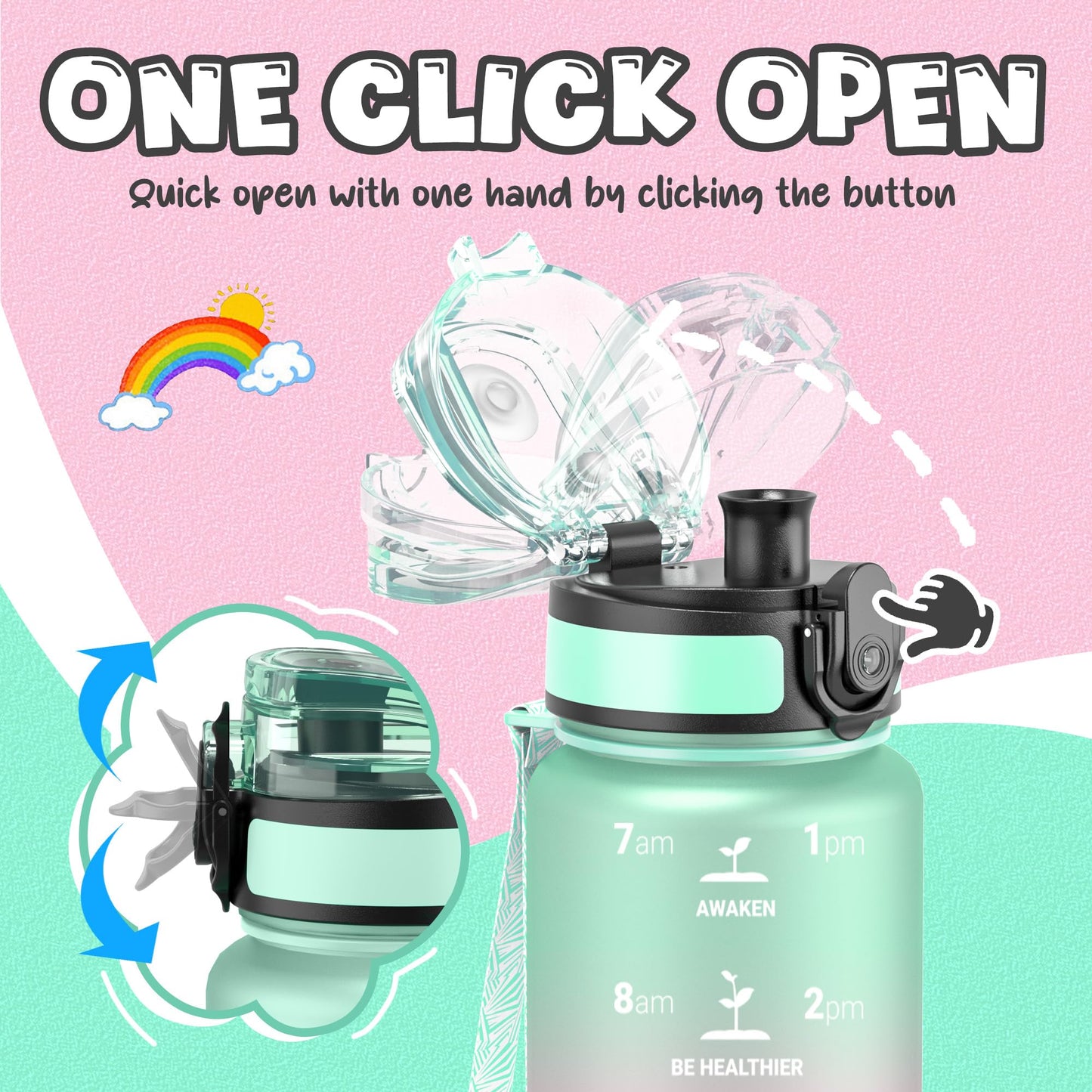 OLDLEY Kids Water Bottle for School, 12 oz (2 lids) BPA-Free Reusable Leak-proof Durable Tritan Plastic Bottles with Straw & Chug Lids, Anti-dust Spout Cover (Pink Blue)