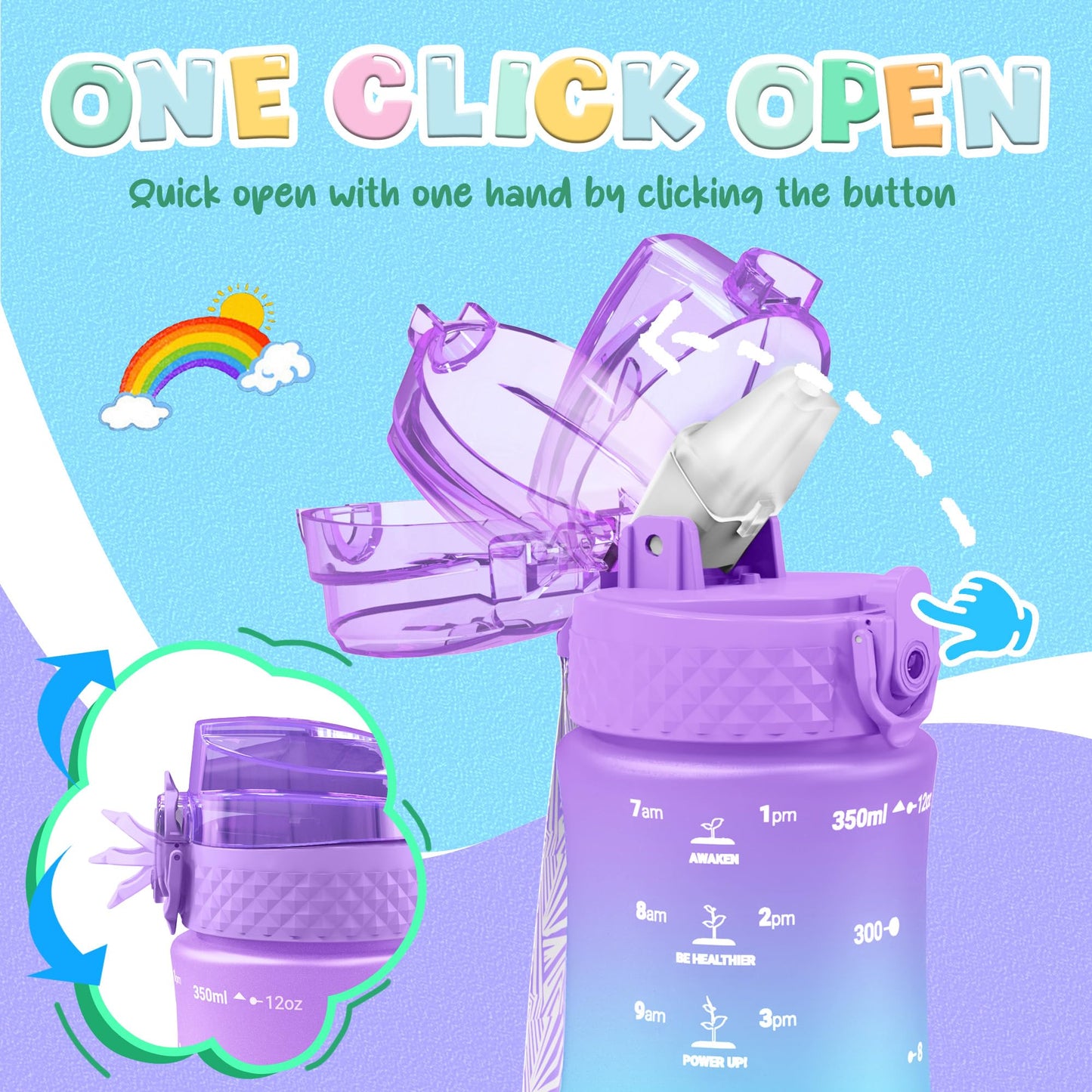 OLDLEY Kids Water Bottle for School, 12 oz (2 lids) BPA-Free Reusable Leak-proof Durable Tritan Plastic Bottles with Straw & Chug Lids, Anti-dust Spout Cover (Pink Blue)
