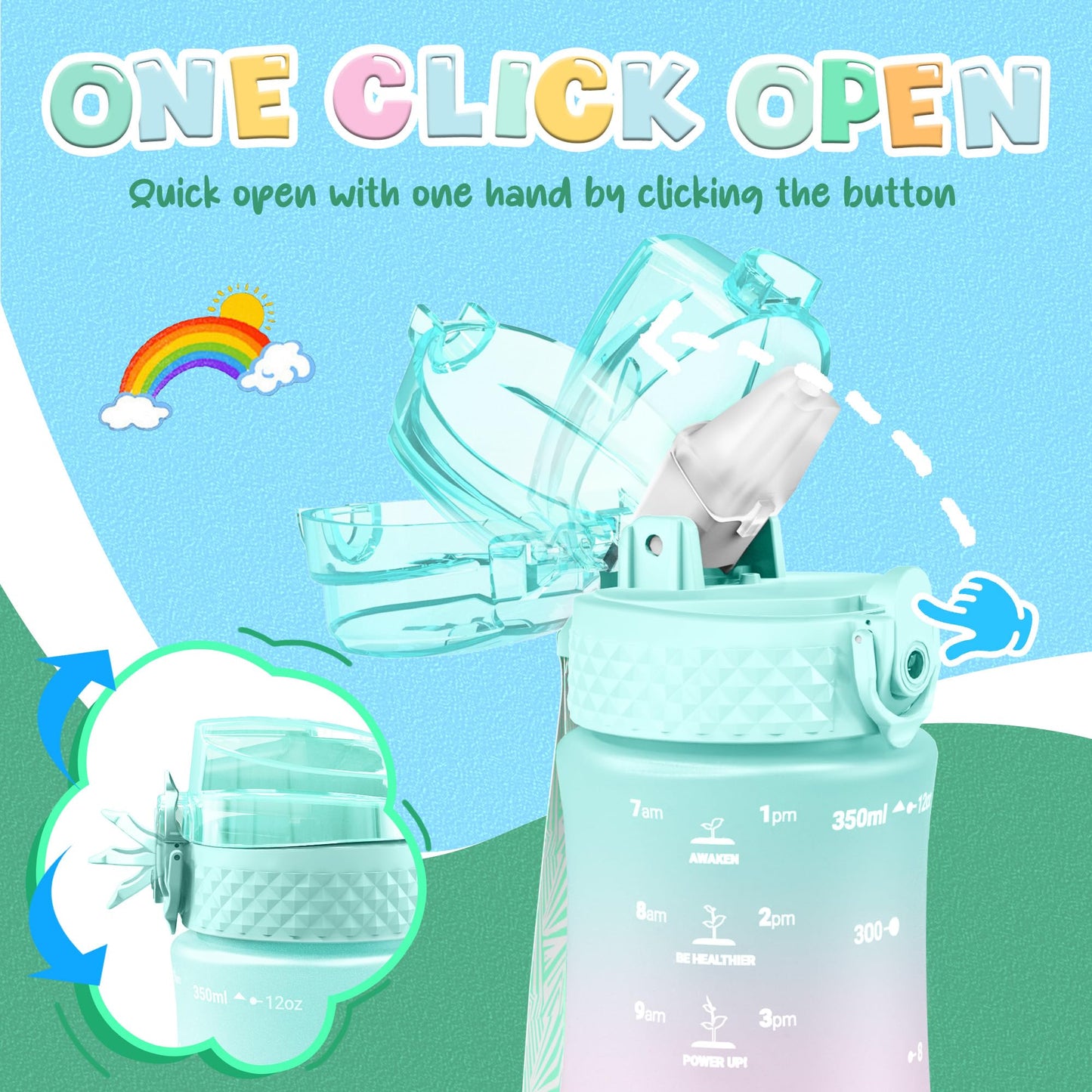 OLDLEY Kids Water Bottle for School, 12 oz (2 lids) BPA-Free Reusable Leak-proof Durable Tritan Plastic Bottles with Straw & Chug Lids, Anti-dust Spout Cover (Pink Blue)