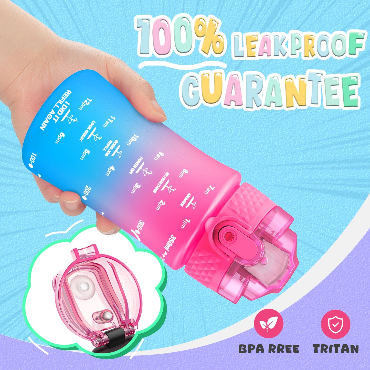OLDLEY Kids Water Bottle for School, 12 oz (2 lids) BPA-Free Reusable Leak-proof Durable Tritan Plastic Bottles with Straw & Chug Lids, Anti-dust Spout Cover (Pink Blue)