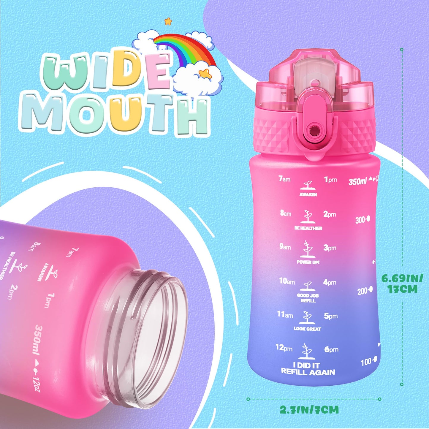 OLDLEY Kids Water Bottle for School, 12 oz (2 lids) BPA-Free Reusable Leak-proof Durable Tritan Plastic Bottles with Straw & Chug Lids, Anti-dust Spout Cover (Pink Blue)