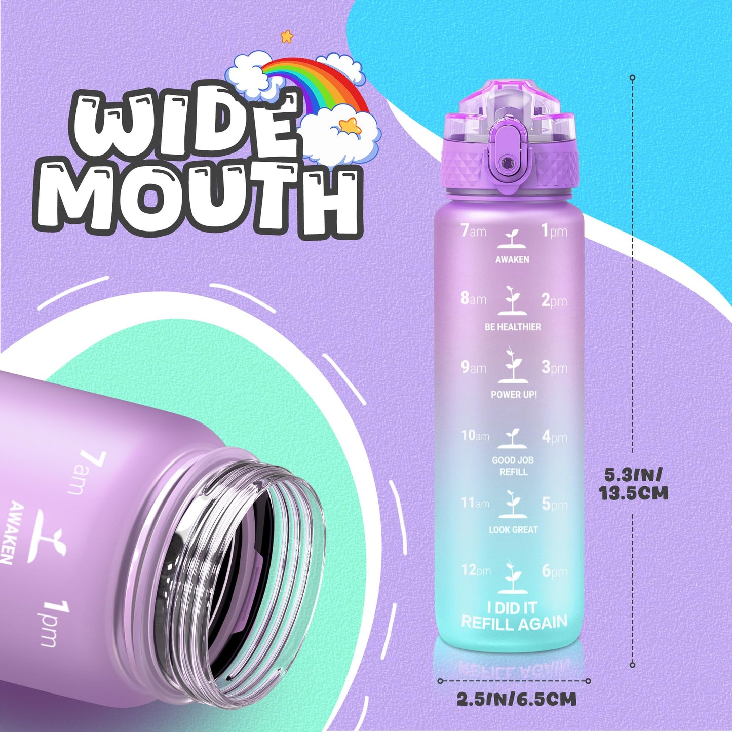 OLDLEY Kids Water Bottle for School, 12 oz (2 lids) BPA-Free Reusable Leak-proof Durable Tritan Plastic Bottles with Straw & Chug Lids, Anti-dust Spout Cover (Pink Blue)
