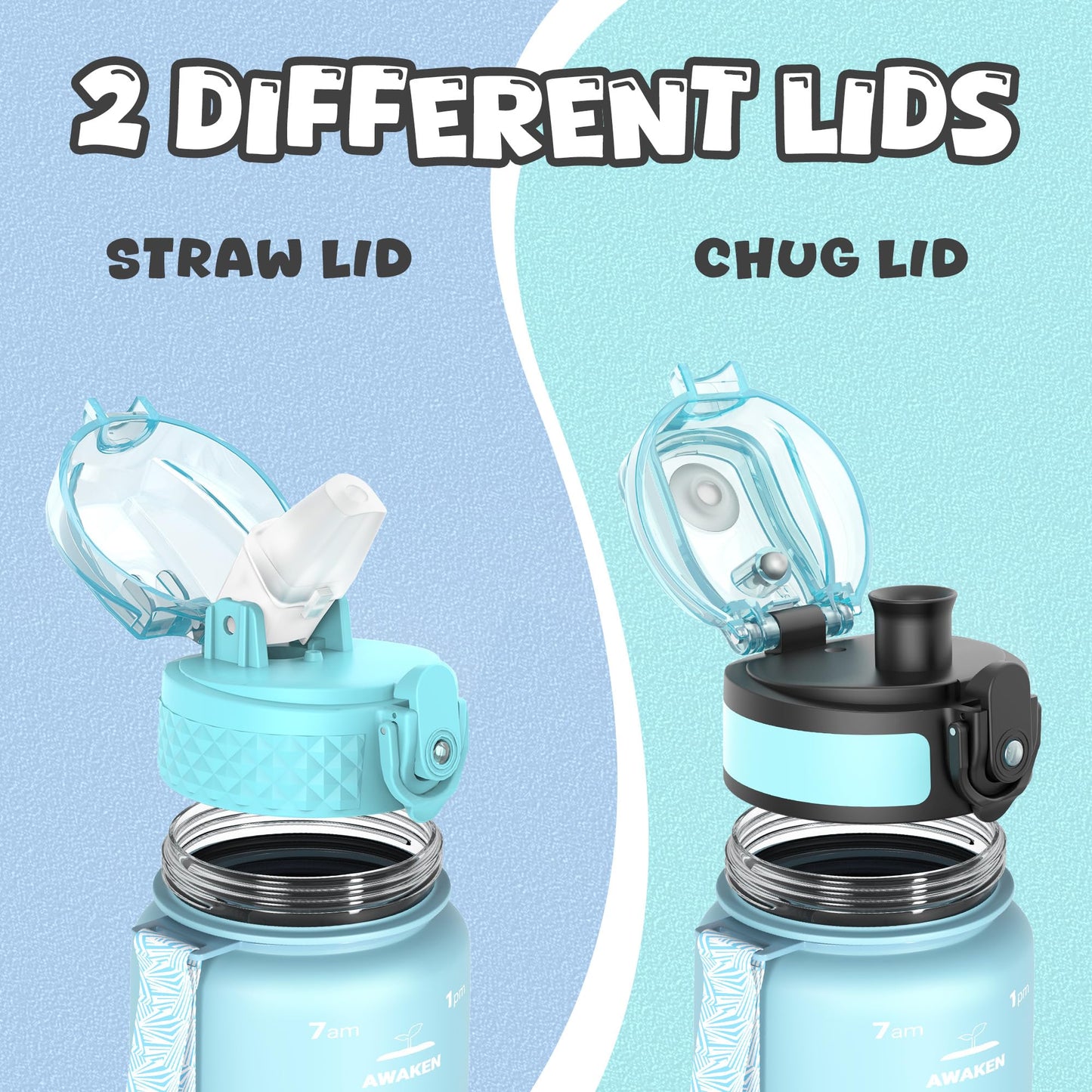OLDLEY Kids Water Bottle for School, 12 oz (2 lids) BPA-Free Reusable Leak-proof Durable Tritan Plastic Bottles with Straw & Chug Lids, Anti-dust Spout Cover (Pink Blue)